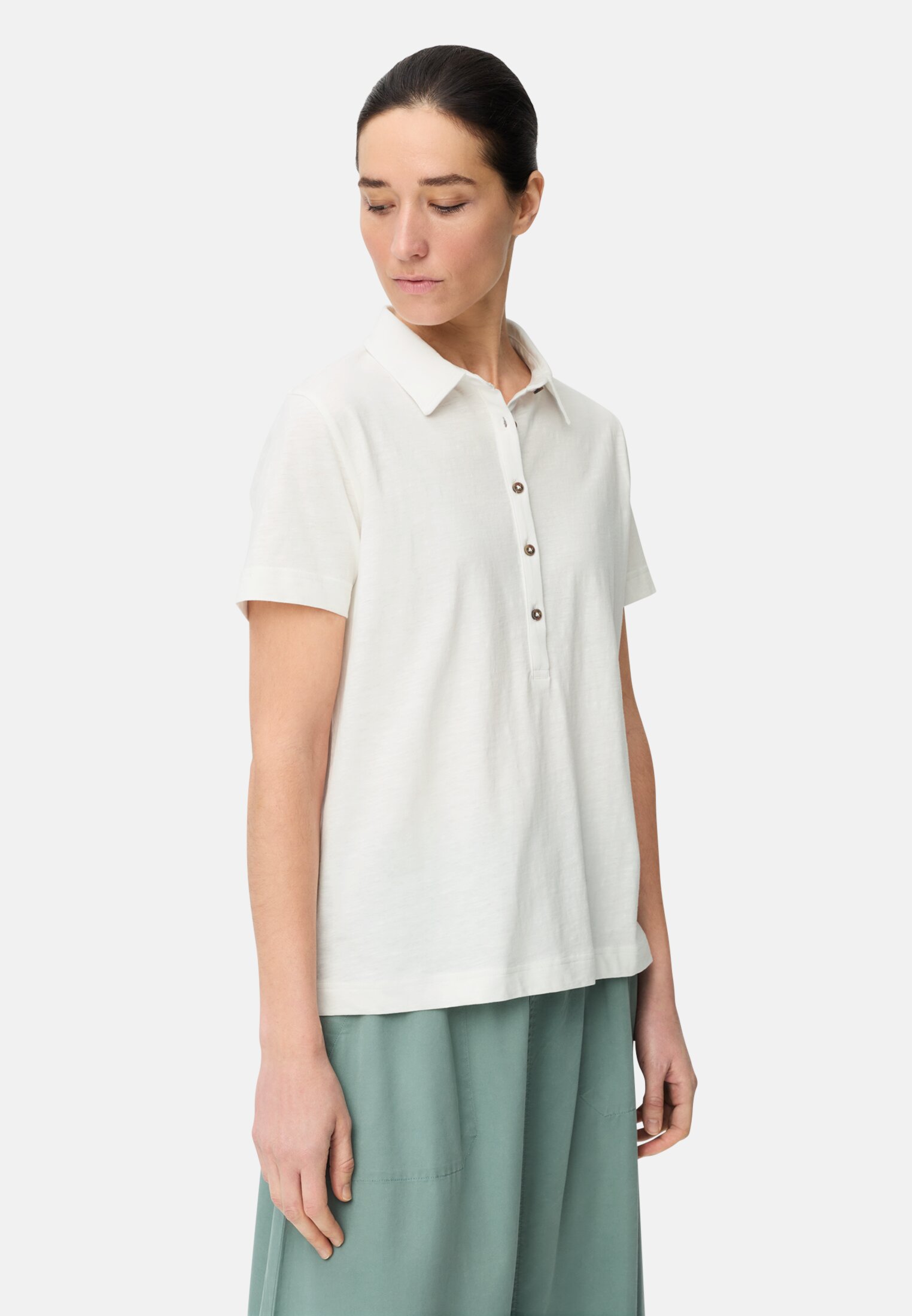 Women Polo shirt with button placket Milk White worn front