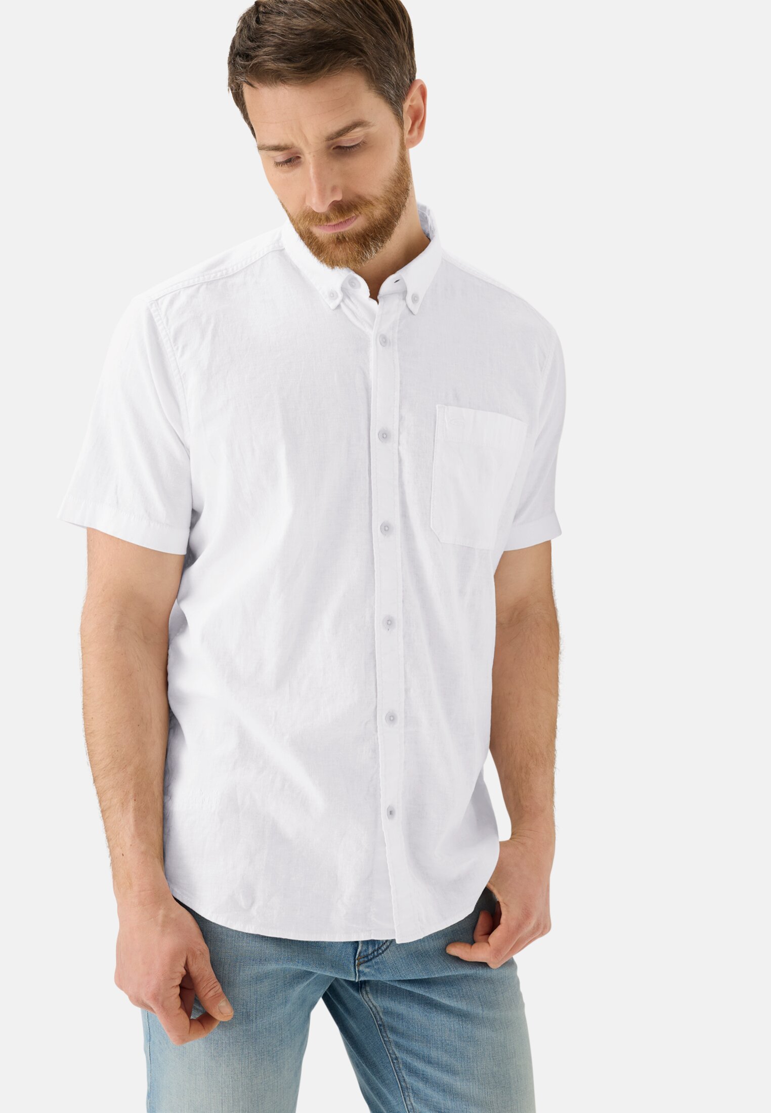 Heren Korte mouwen shirt van linnenmix Wit gedragen emotional