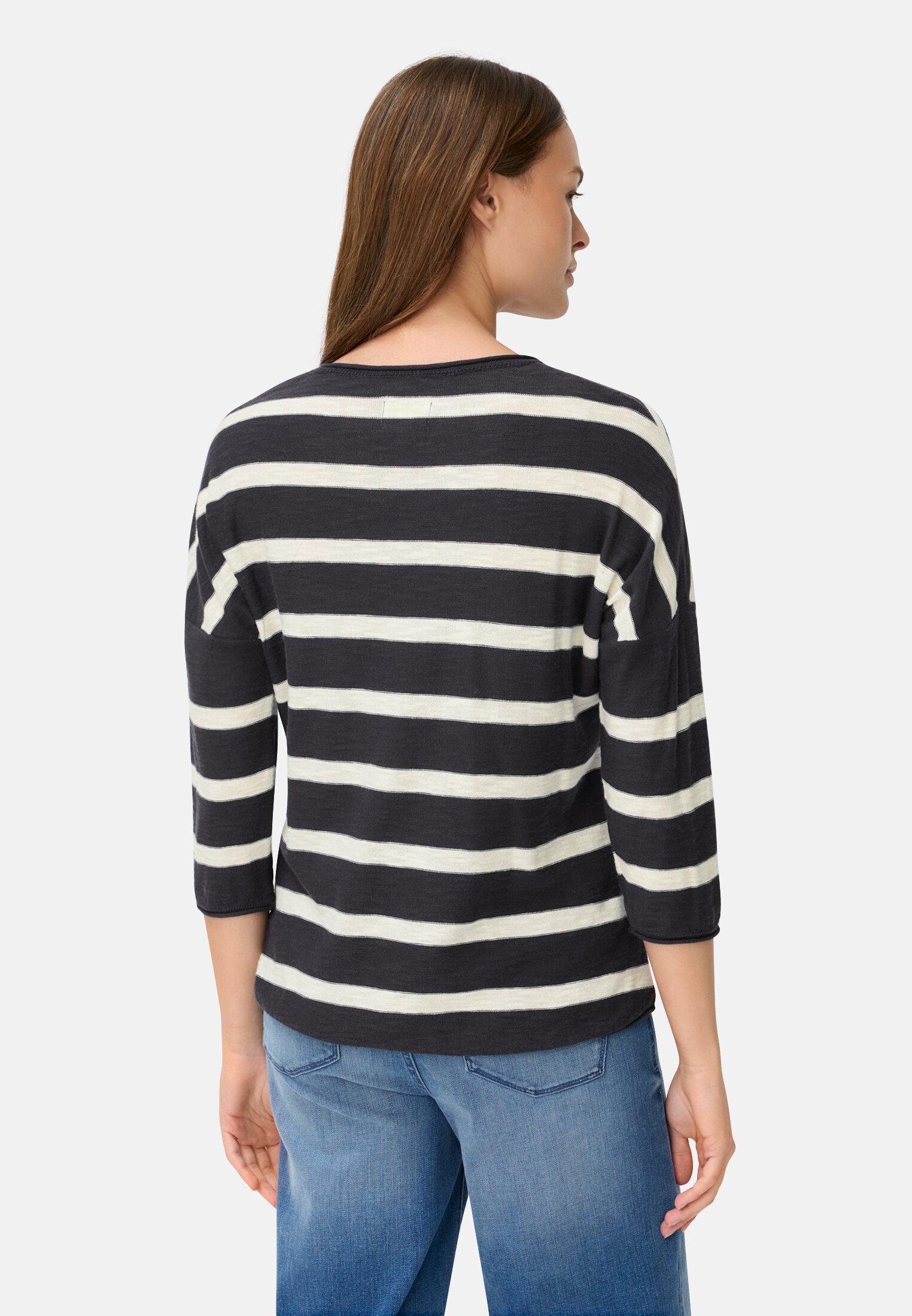 Women Boxy knit sweater with 3/4 sleeves Midnight Blue worn back