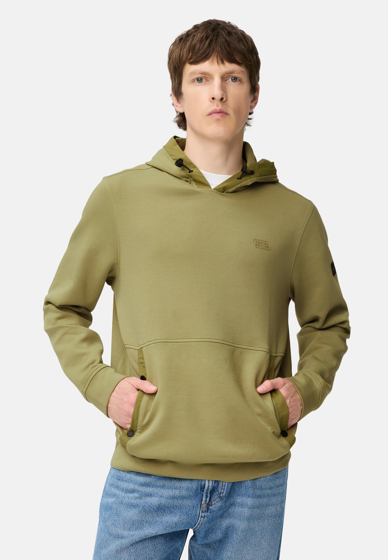 Herren fleXXXactive® Hoodie mit verstellbarer Kapuze Moosstein getragen vorn