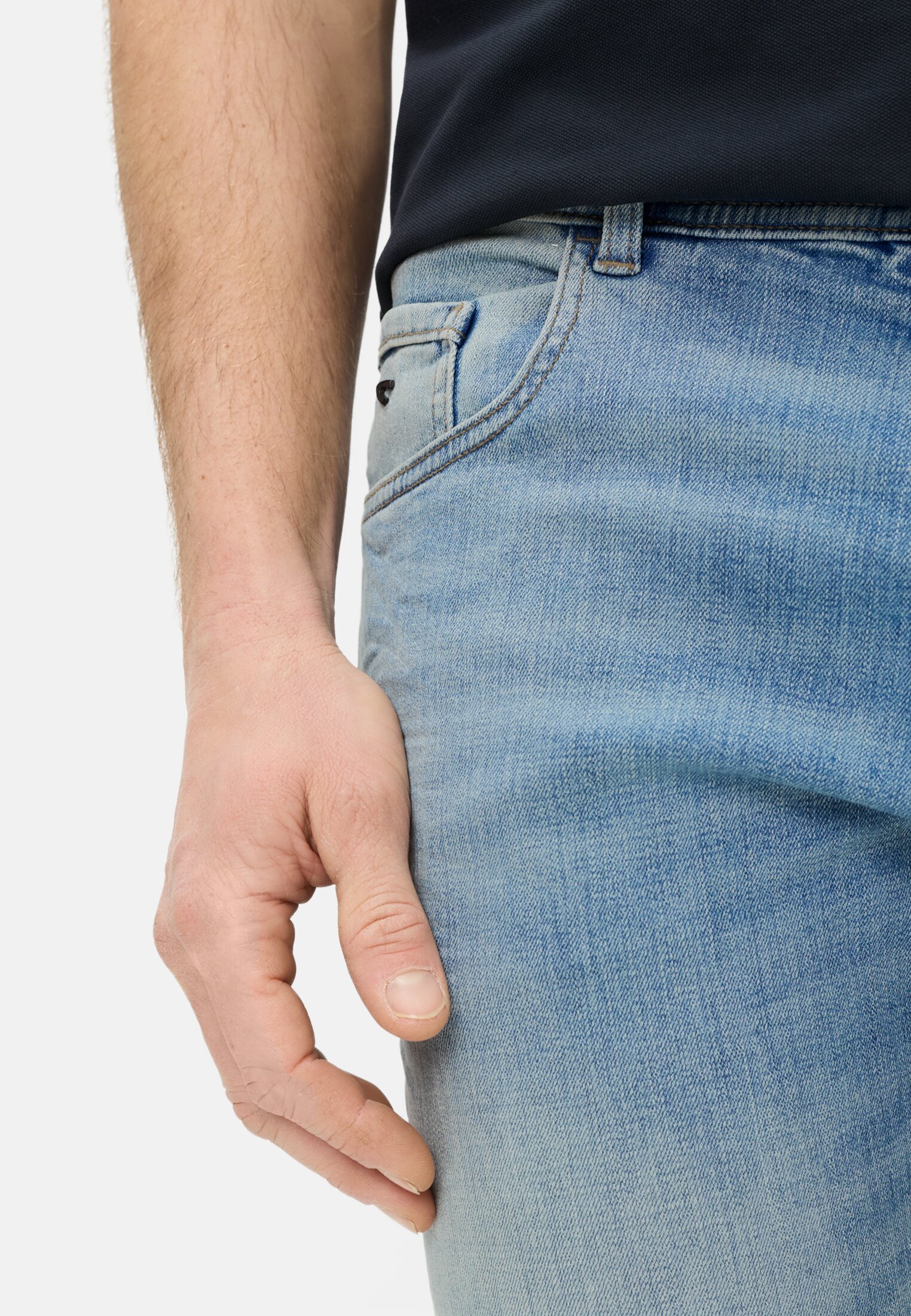 Men fleXXXactive® Jeans 5-Pocket Regular Fit Pants Pale blue worn detail close