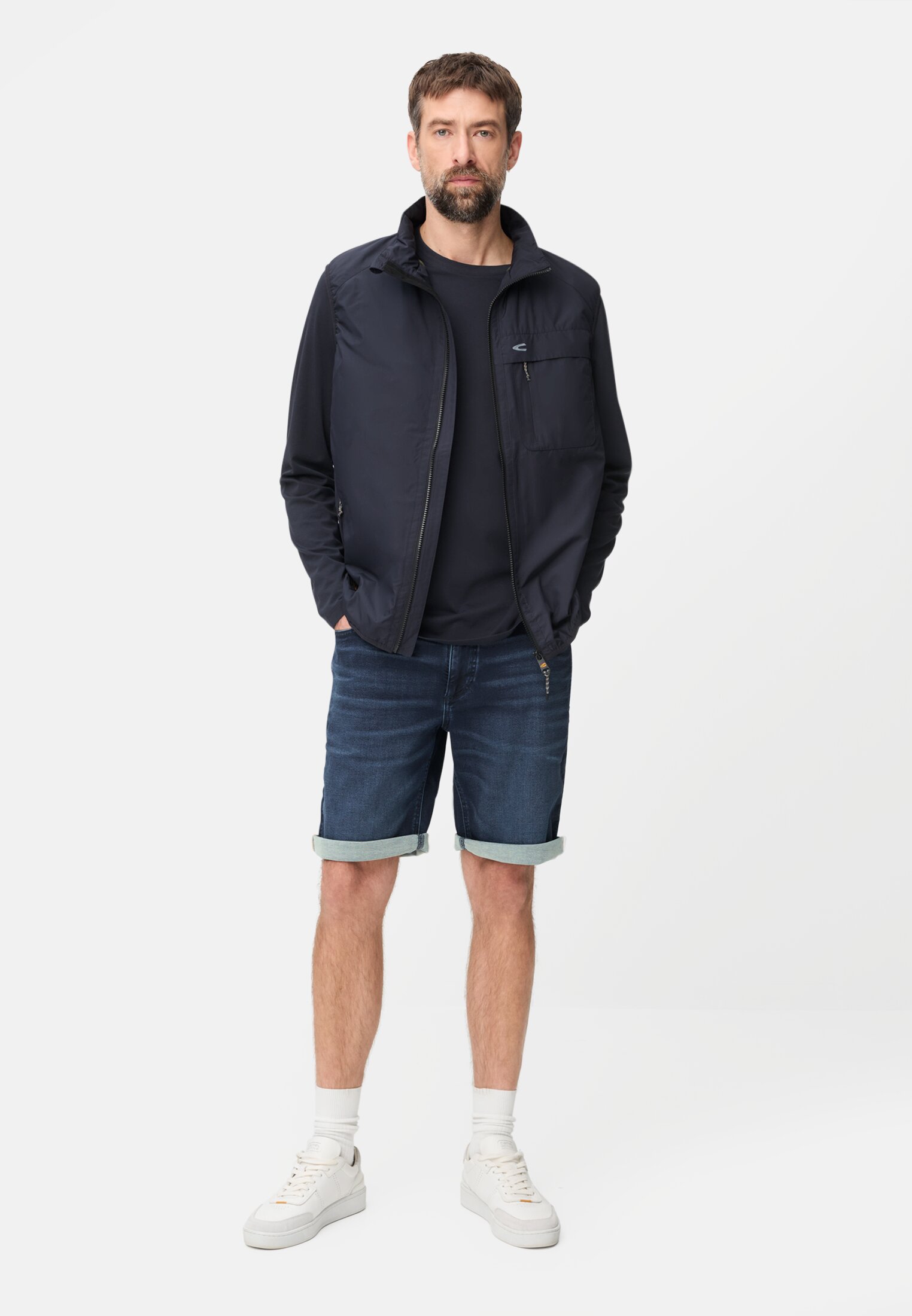 Men fleXXXactive® Jeans shorts made from cotton blend Dark Blue worn front full body