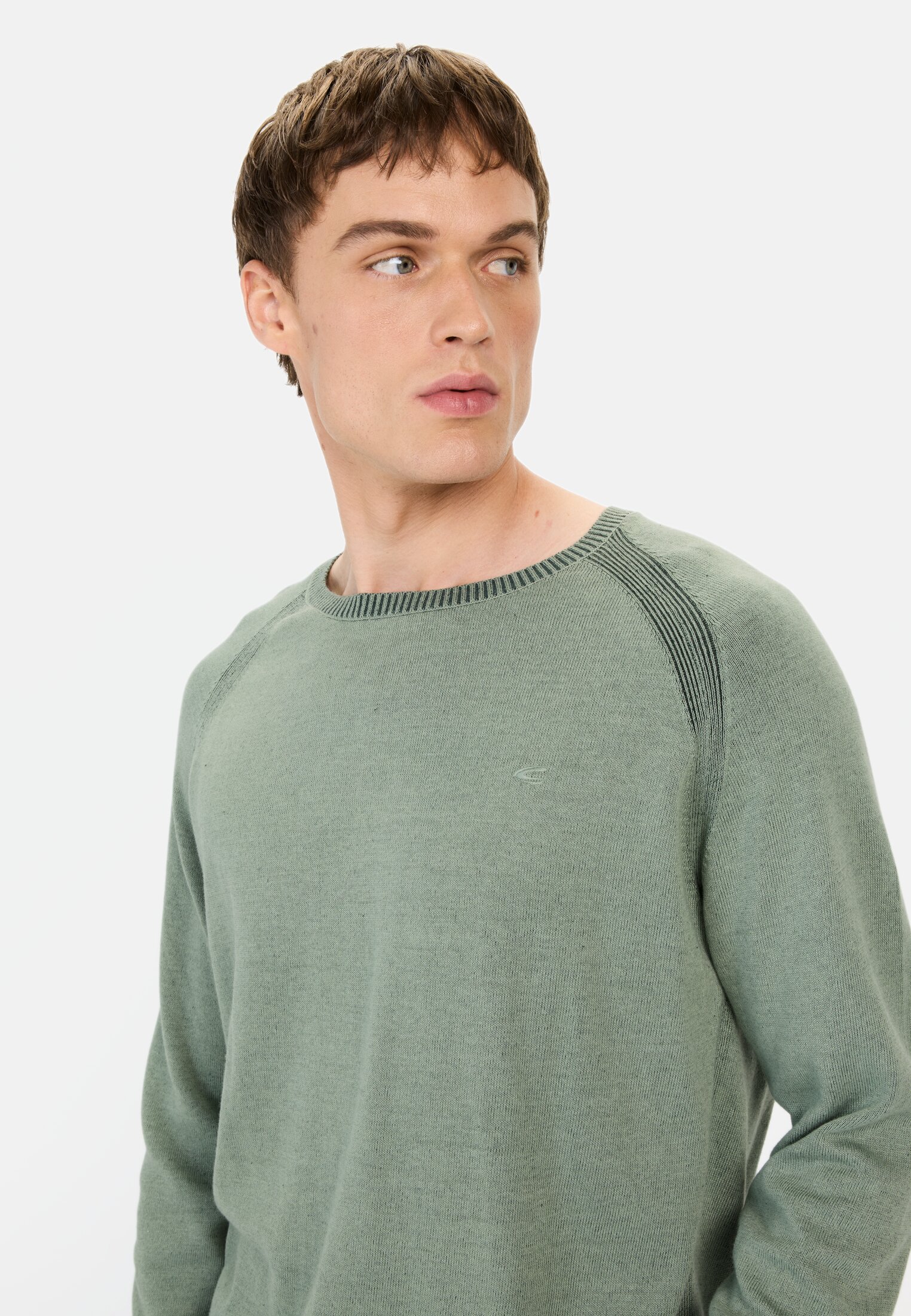 Herren Rundhals Pullover aus reiner Baumwolle Seegras getragen detailliert nah