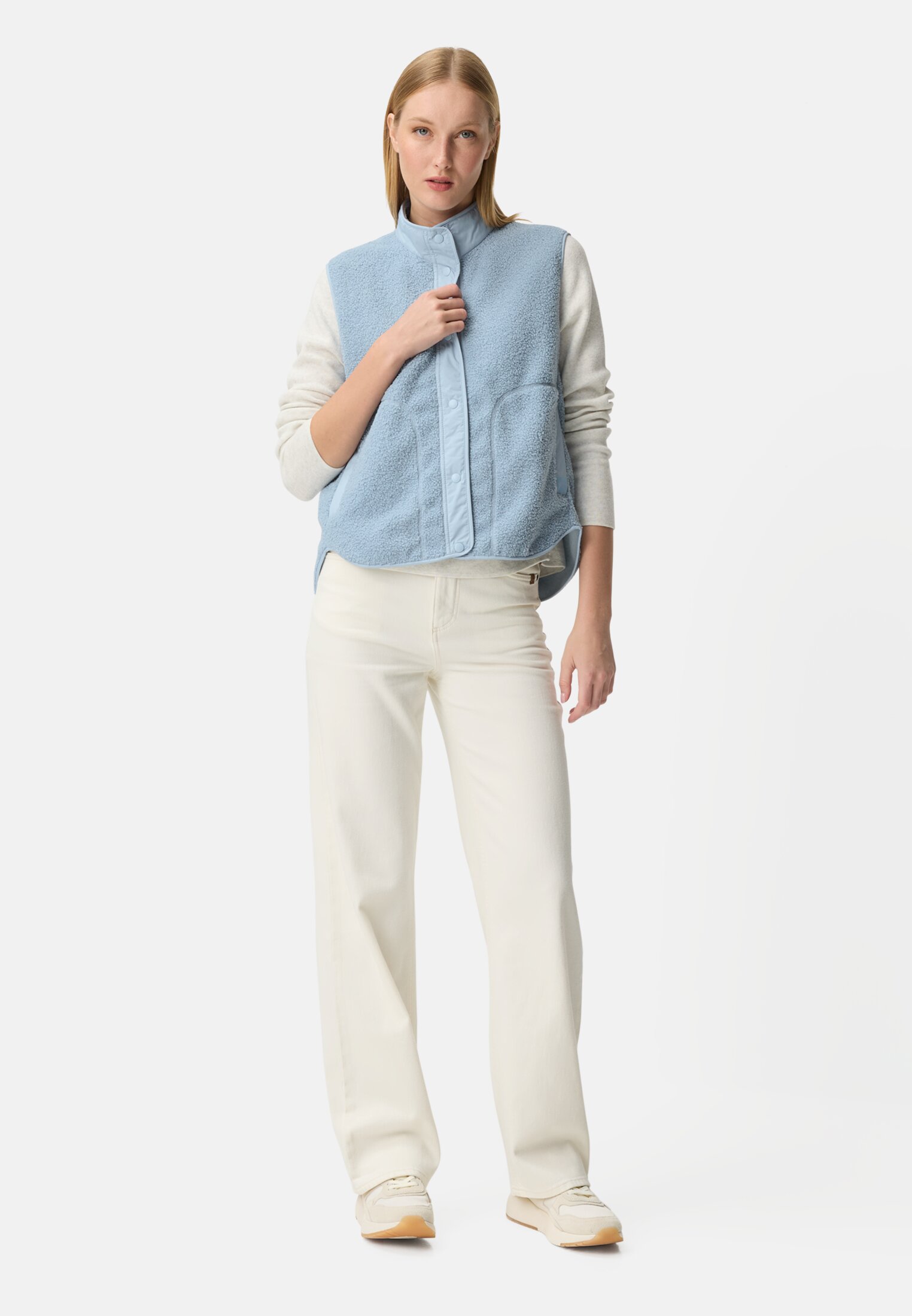 Vrouwen Teddyvest met opstaande kraag Lichtblauw gedragen voor lichaam compleet 