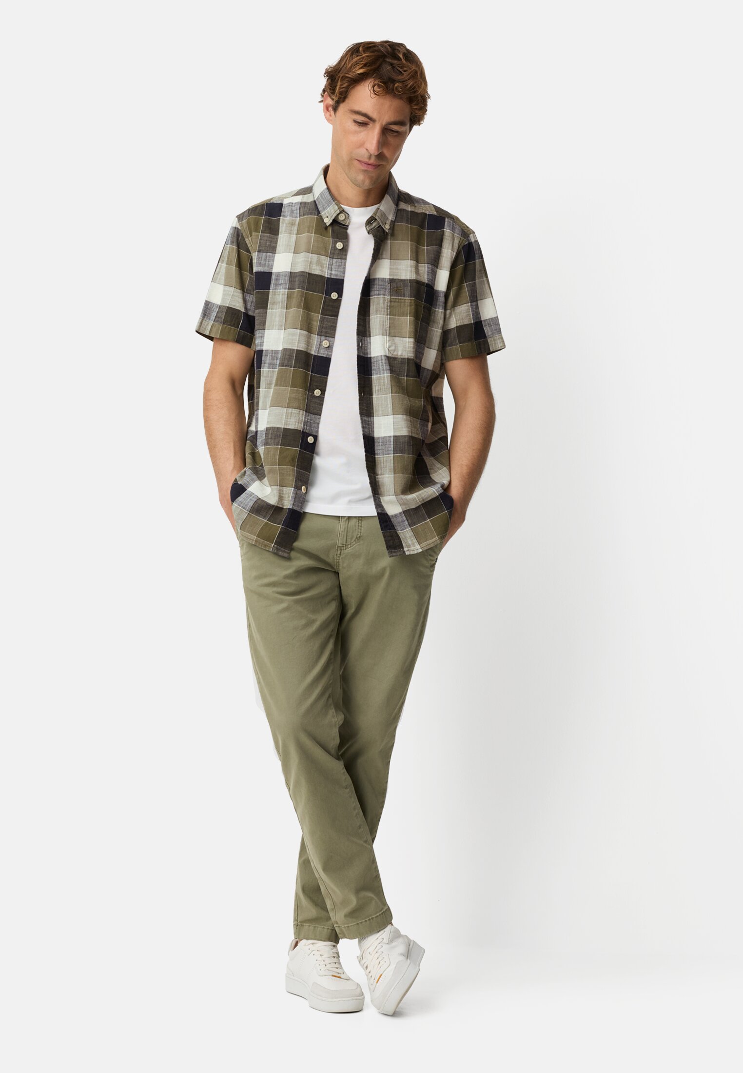 Men Checkered shirt made of pure cotton Olive Green worn front full body