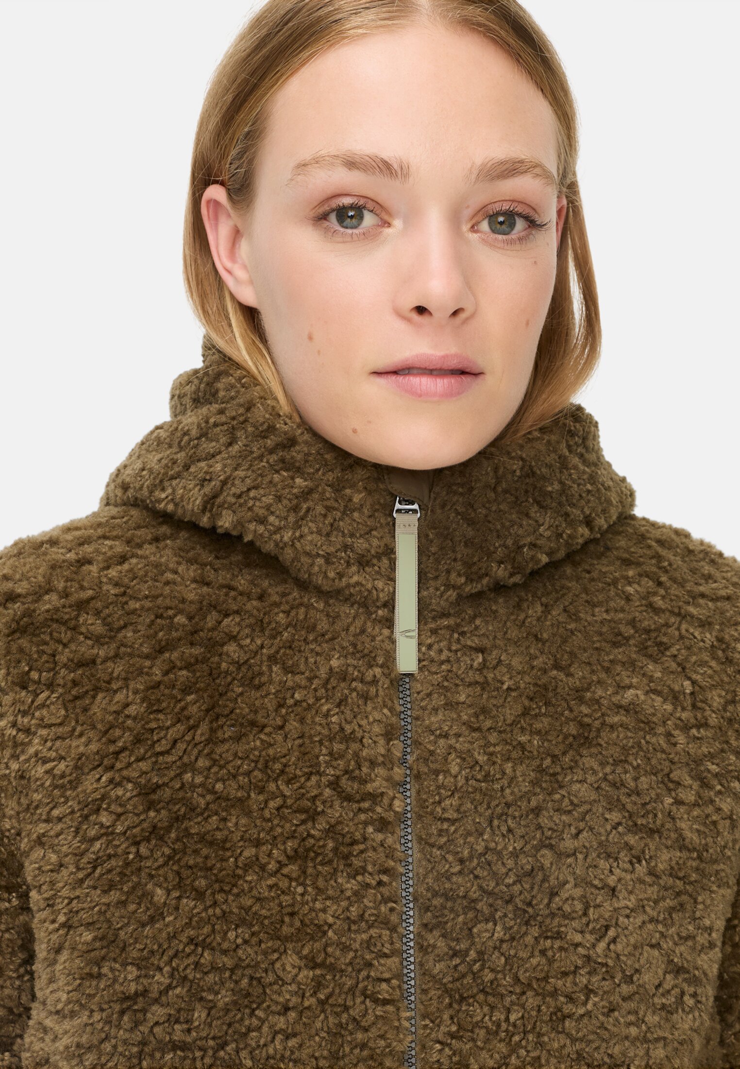 Damen Teddy Mantel mit Kapuze Dunkelkhaki getragen detailliert nah