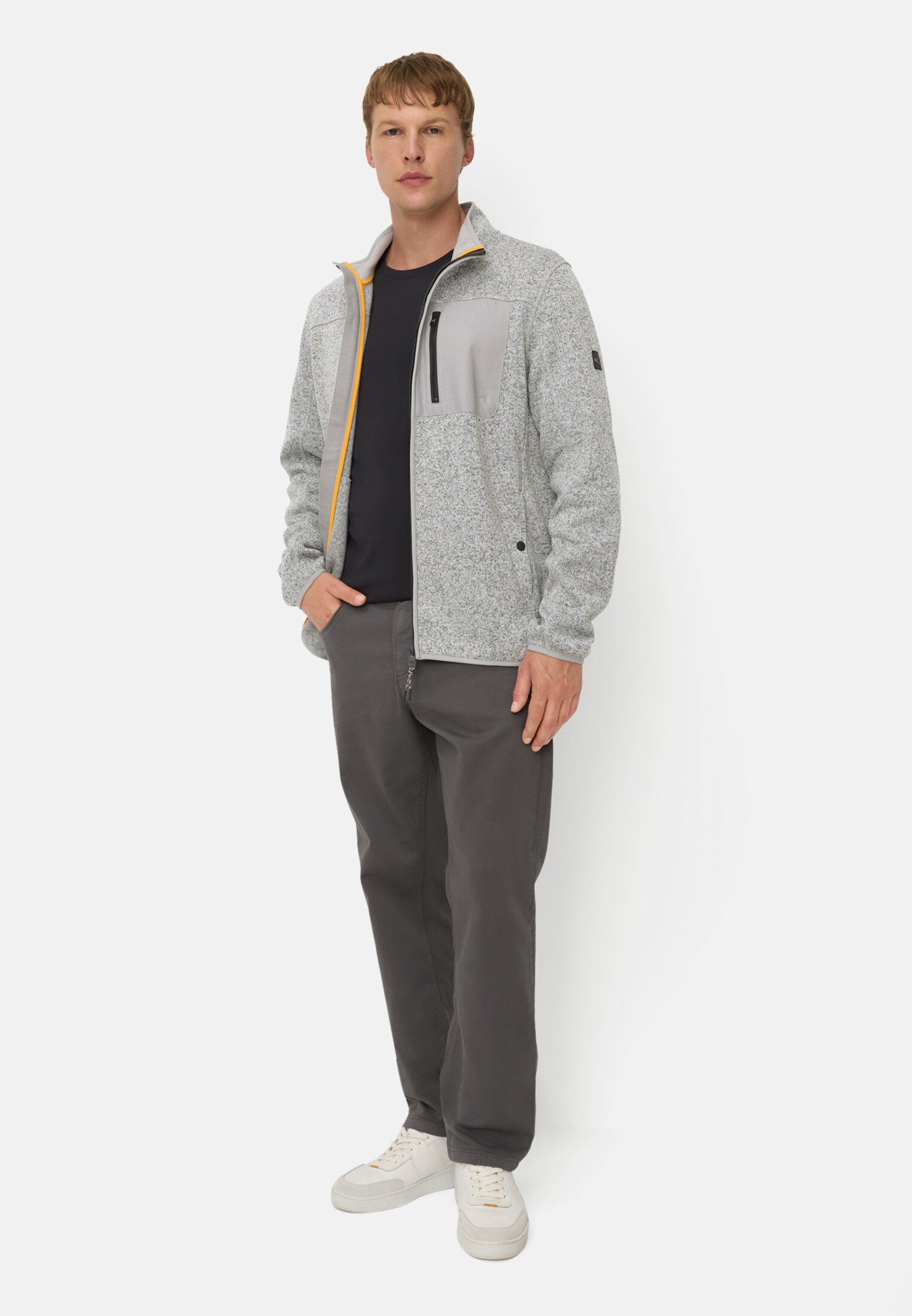 Men Fleece jacket with high collar Grey worn front full body