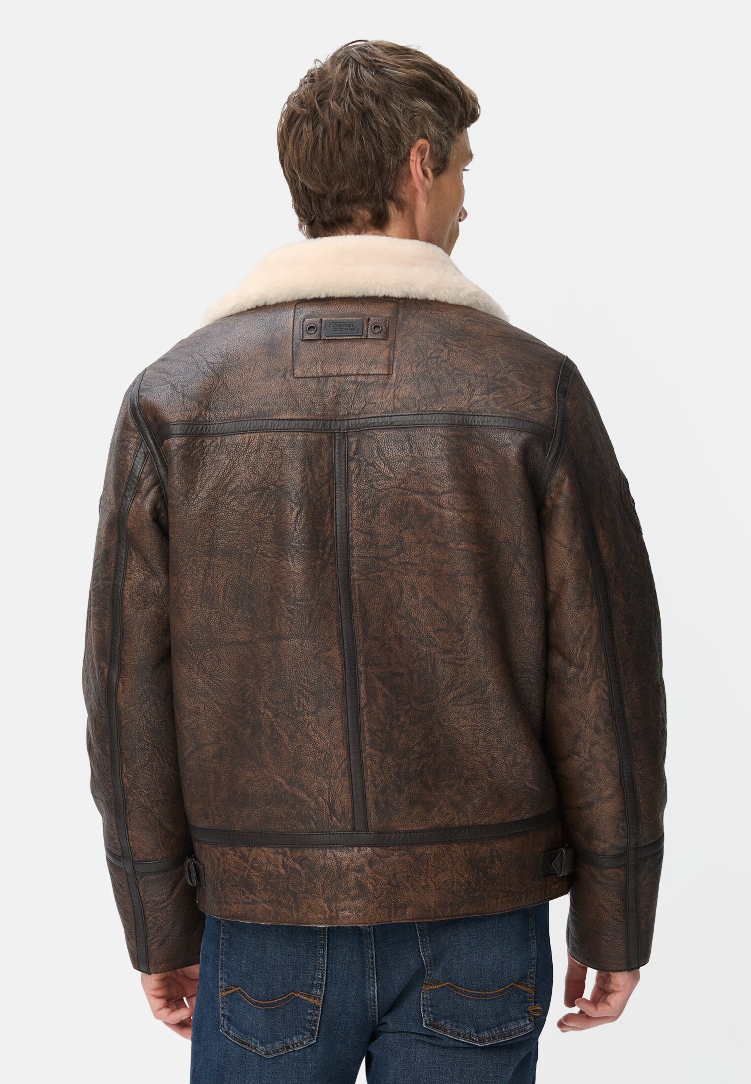 Herren Gefütterte Lederjacke mit Innentasche Dunkelbraun getragen hinten