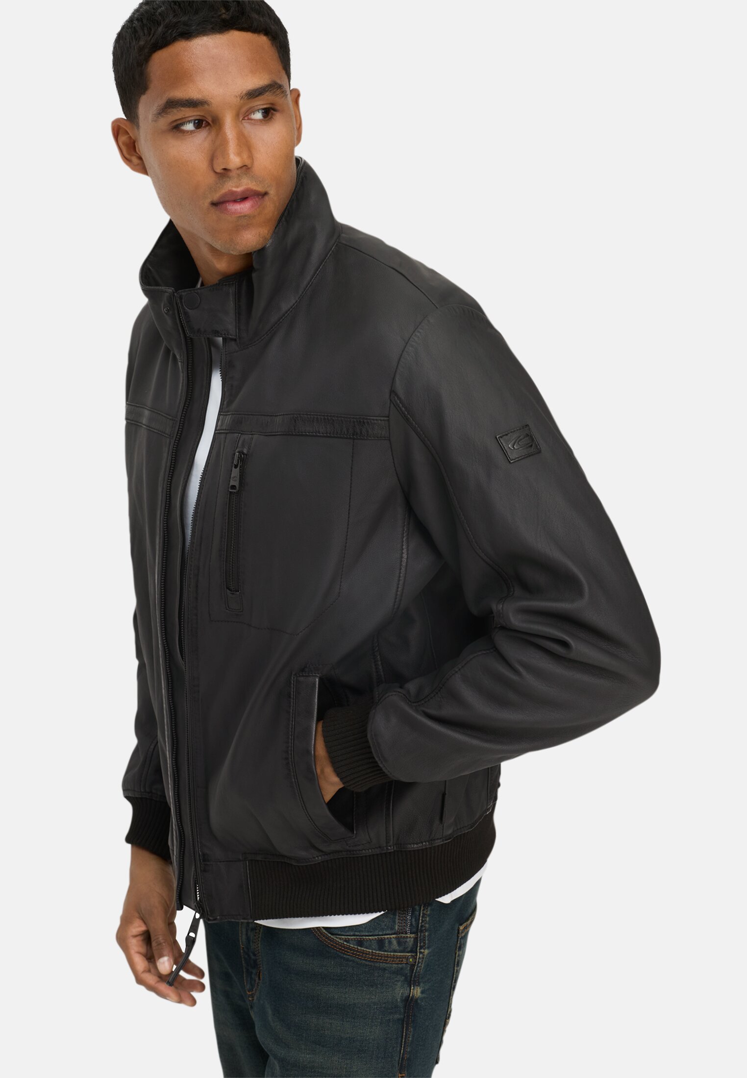 Men Leather jacket with stand-up collar Black worn emotional