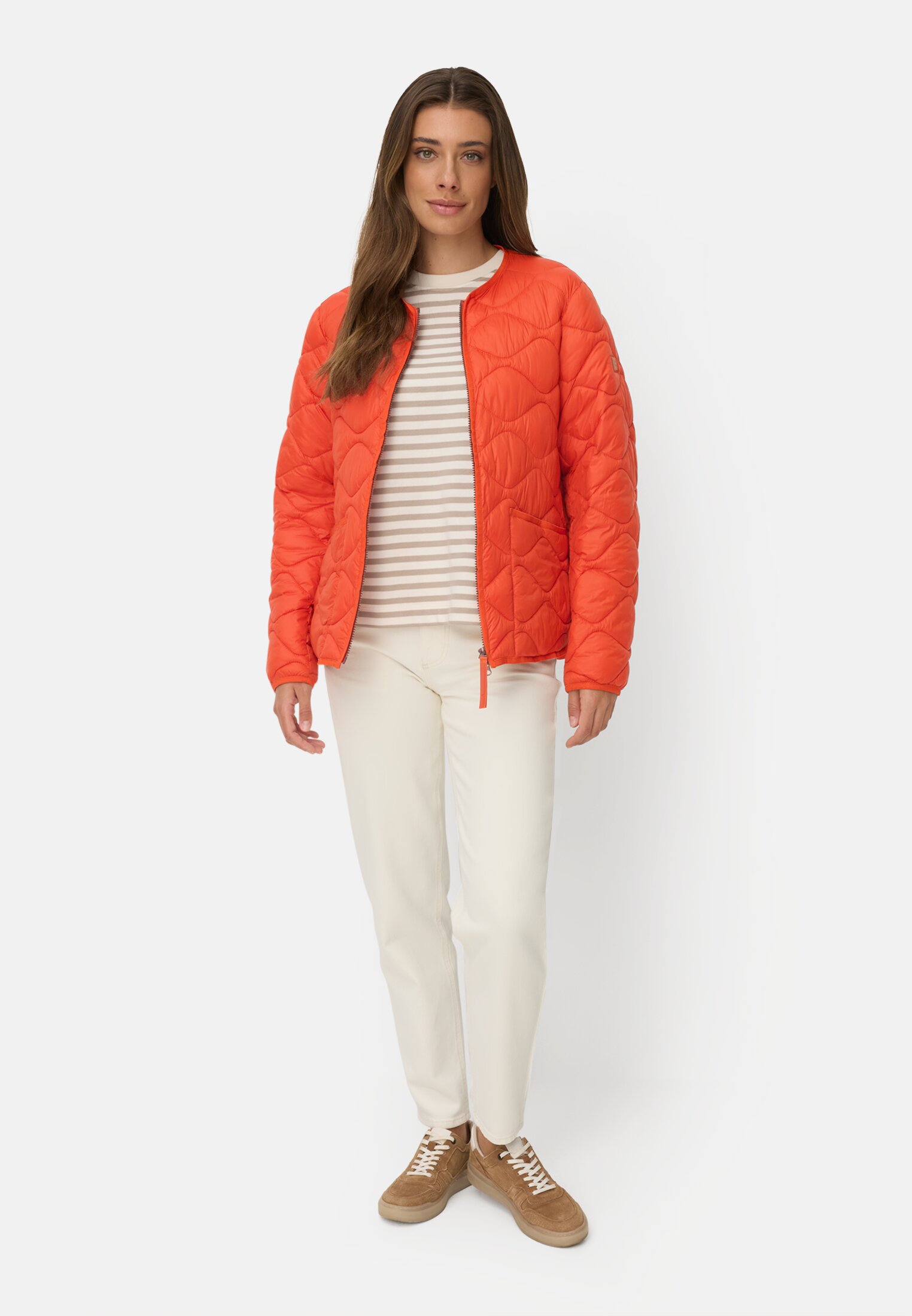 Women Quilted jacket with 2-way zipper Orange worn front full body