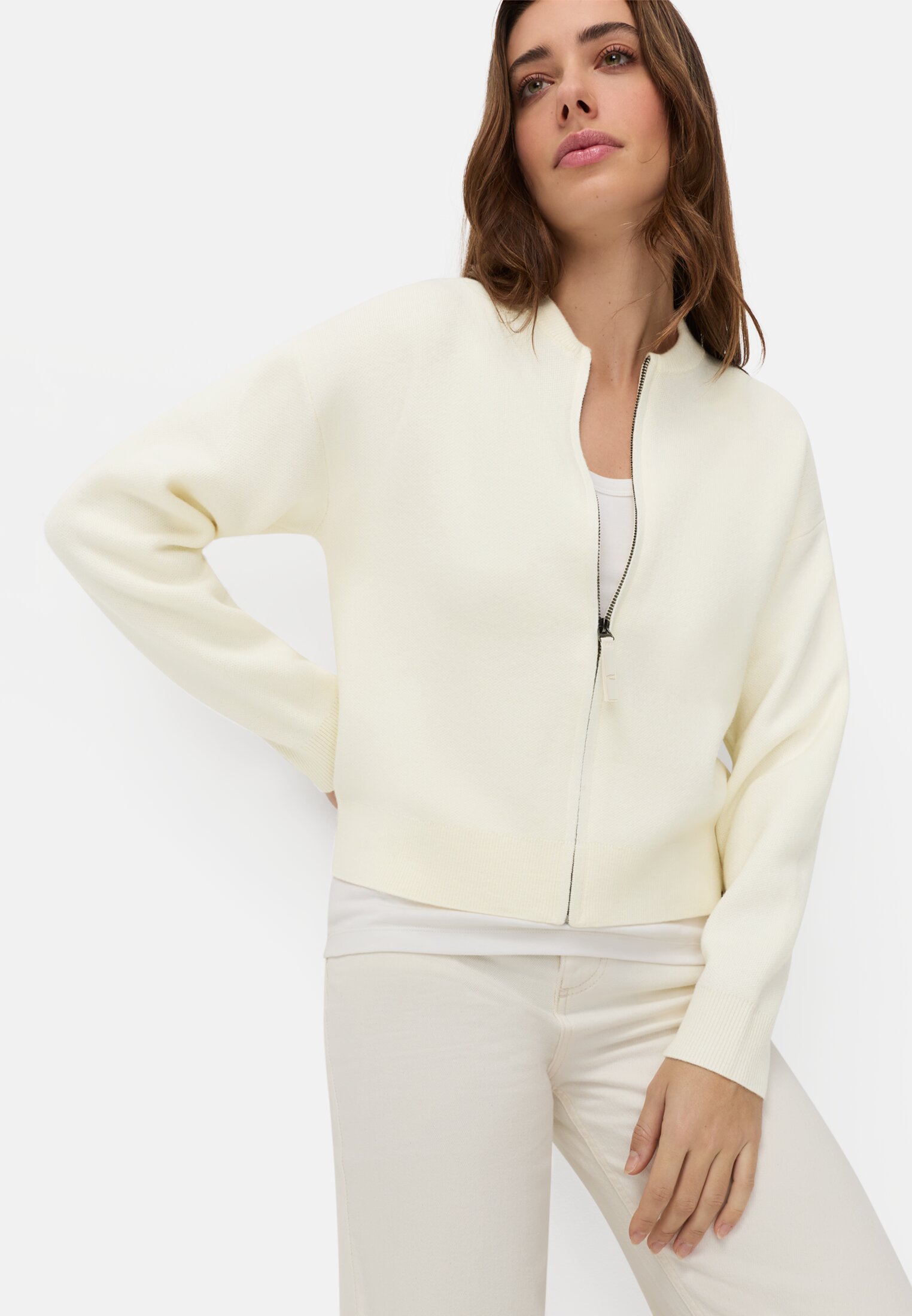 Women Bomber style cardigan Milk White worn emotional