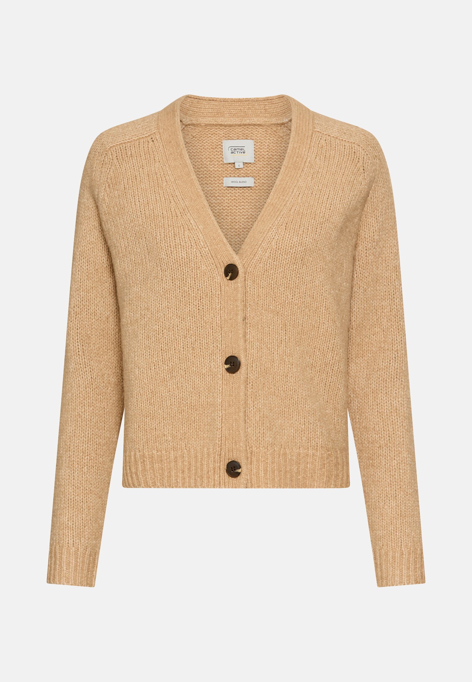 Damen Strickjacke mit Raglanärmeln und Knopfverschluss Karamell frontal vorn