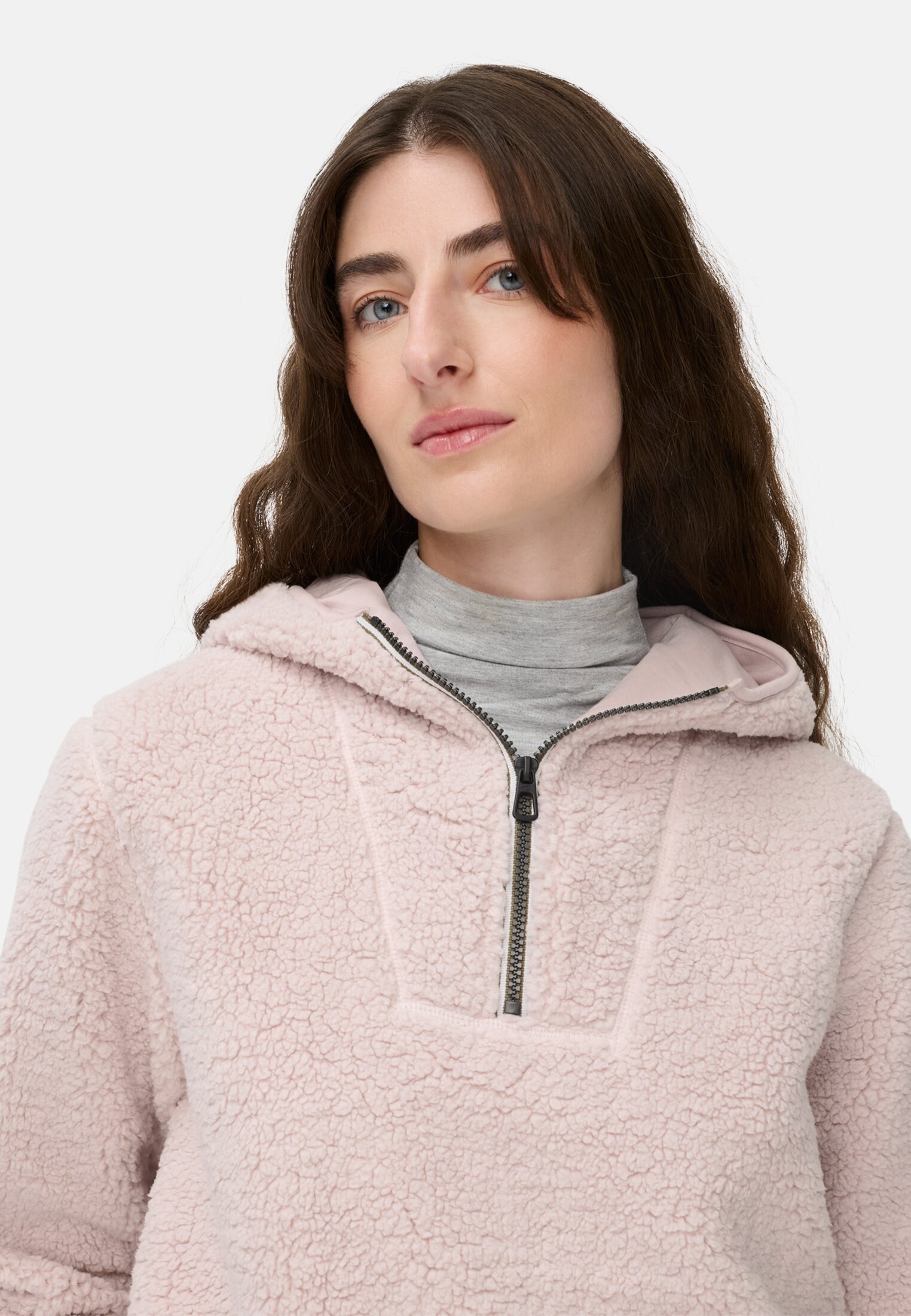 Damen Kapuzenpullover mit halbem Reißverschluss Lilarosa getragen detailliert nah
