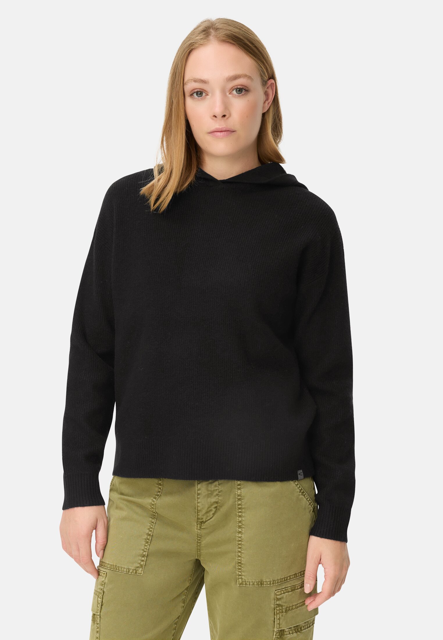 Women Knitted sweater with hood Caviar worn front