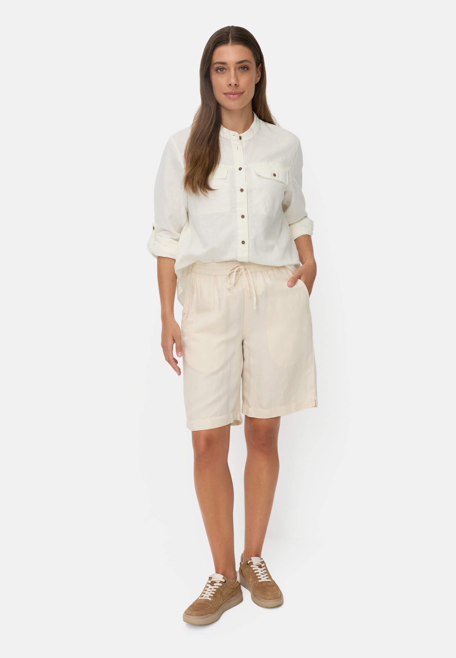 Women Blouse with stand-up collar and button placket Milk White worn front full body