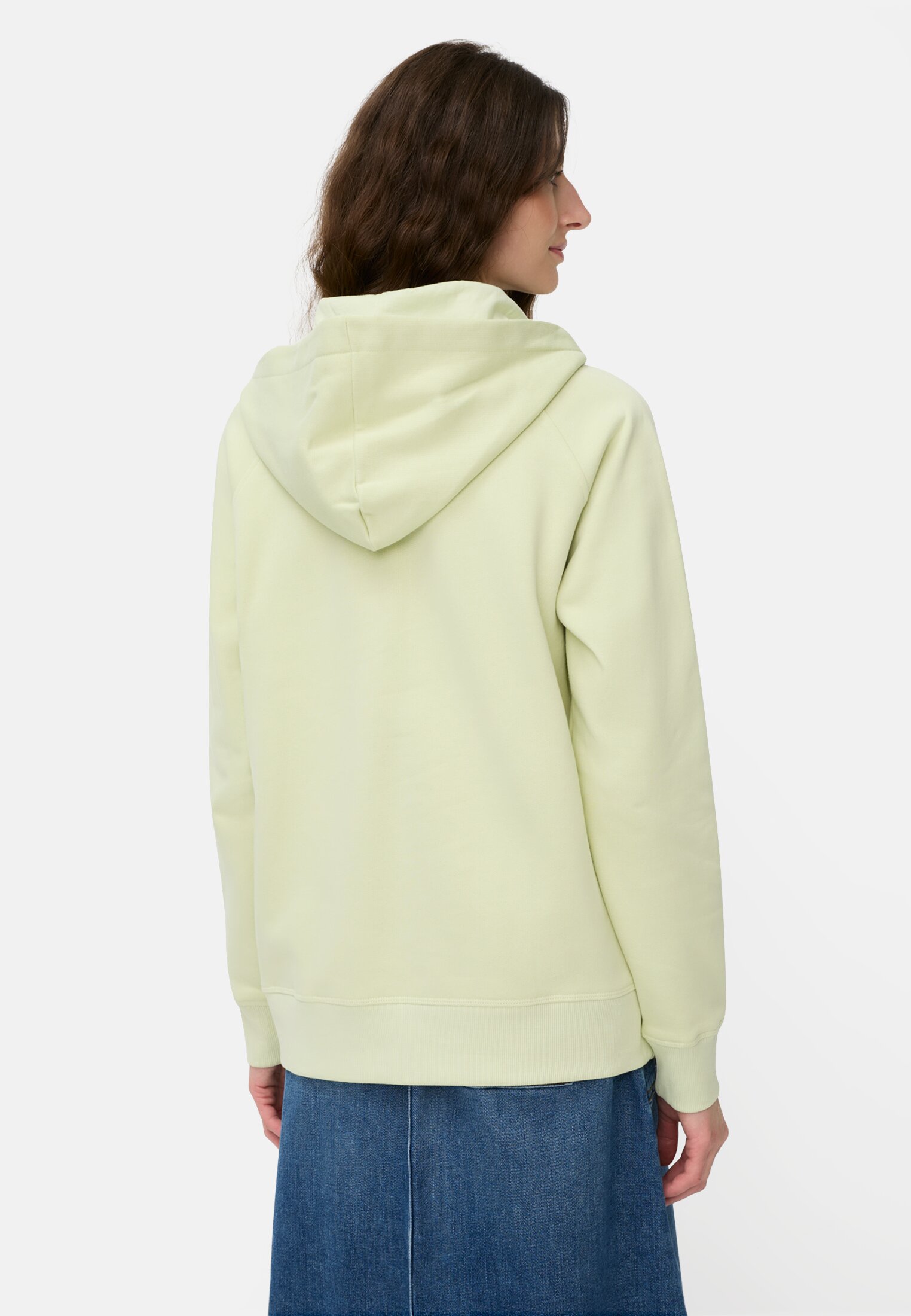Damen Hoodie aus reiner Baumwolle Limettengrün getragen hinten