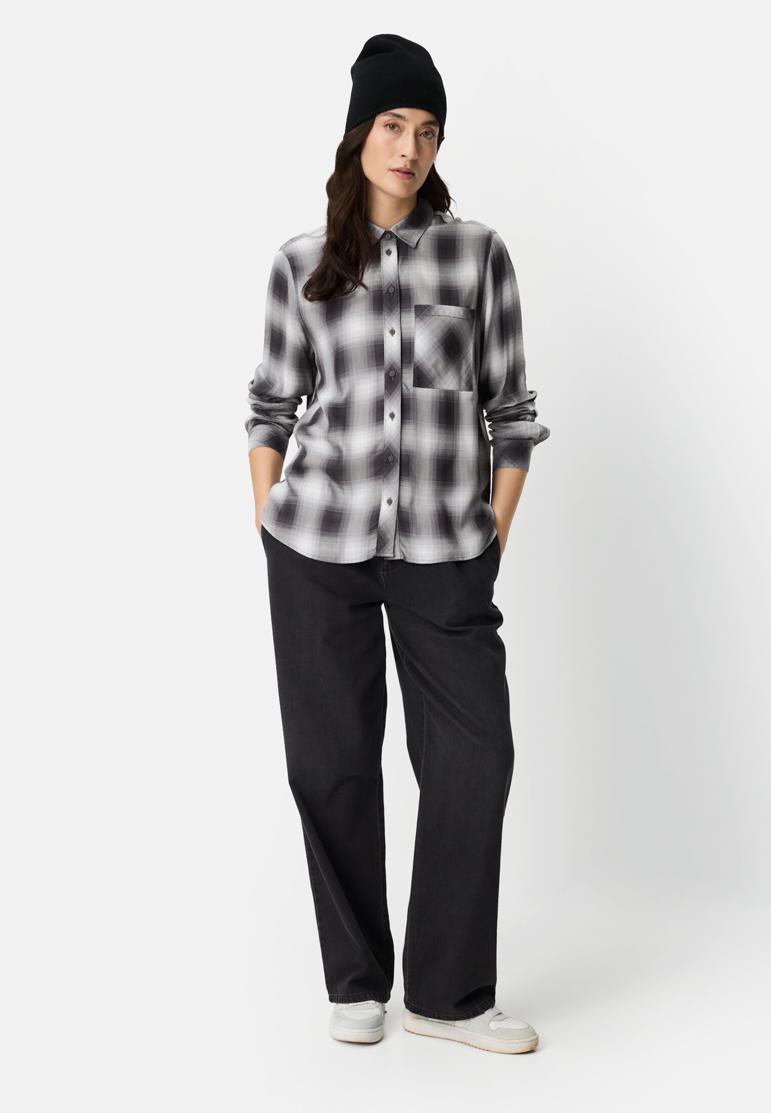 Women Blouse made of pure viscose Gray worn front full body