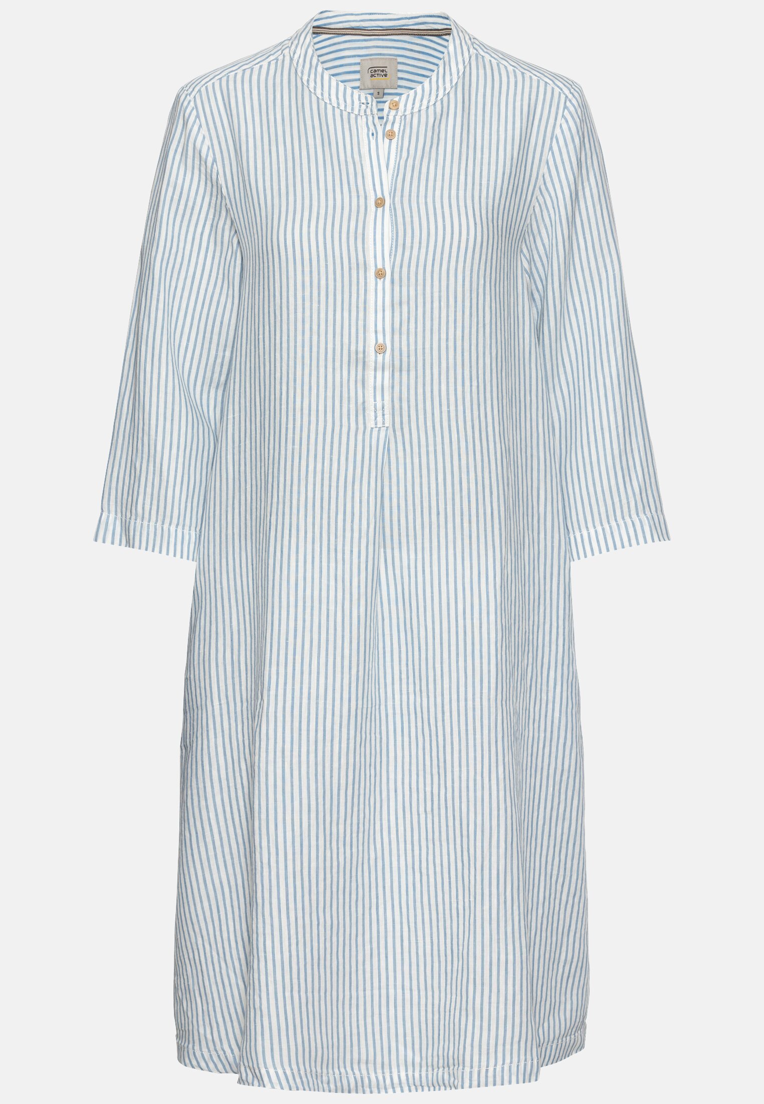 Damen Schlupfkleid mit Stehkragen aus Leinenmix Blau-Weiß frontal vorn