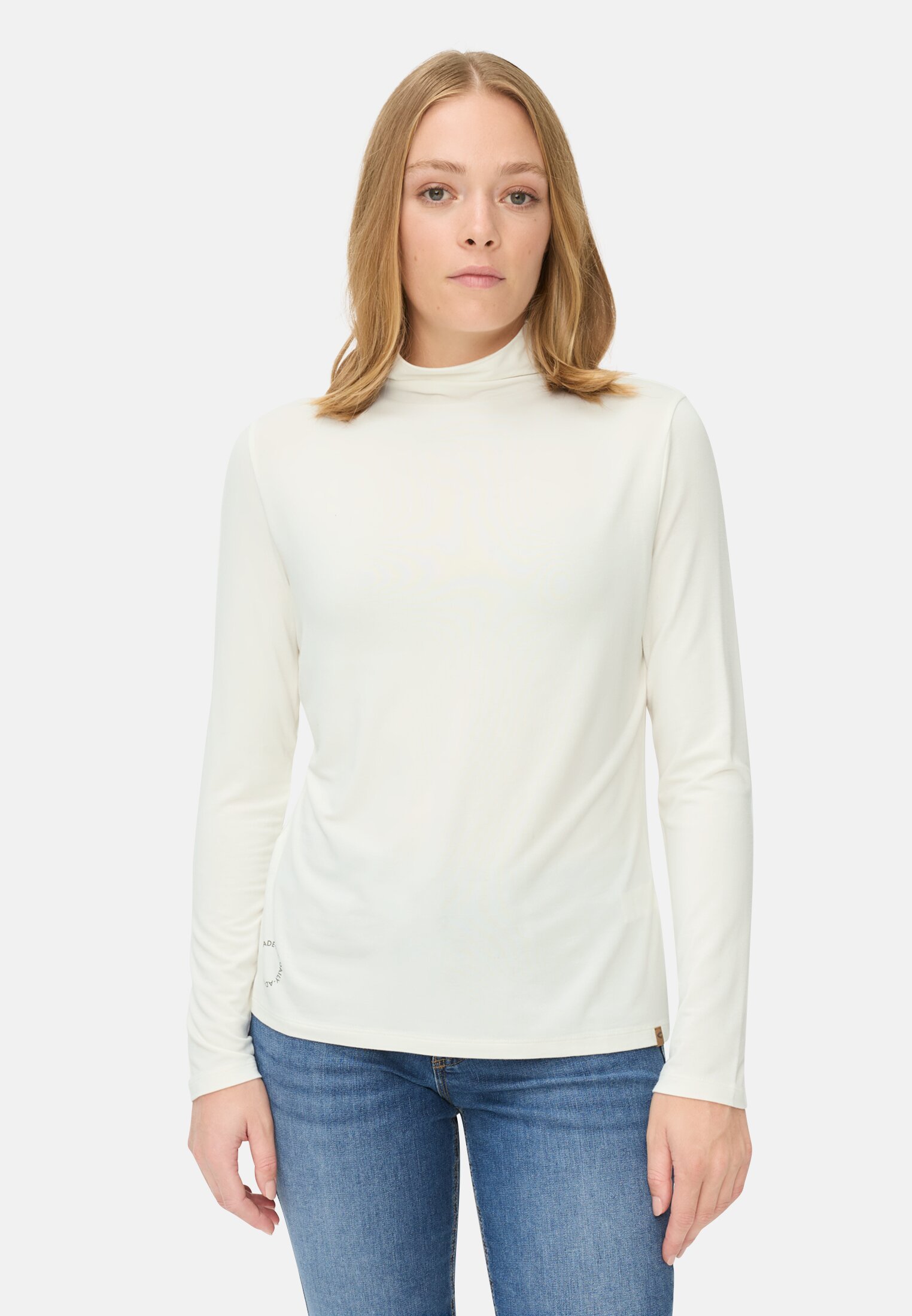 Women Long-sleeved shirt with stand-up collar Milk white worn front