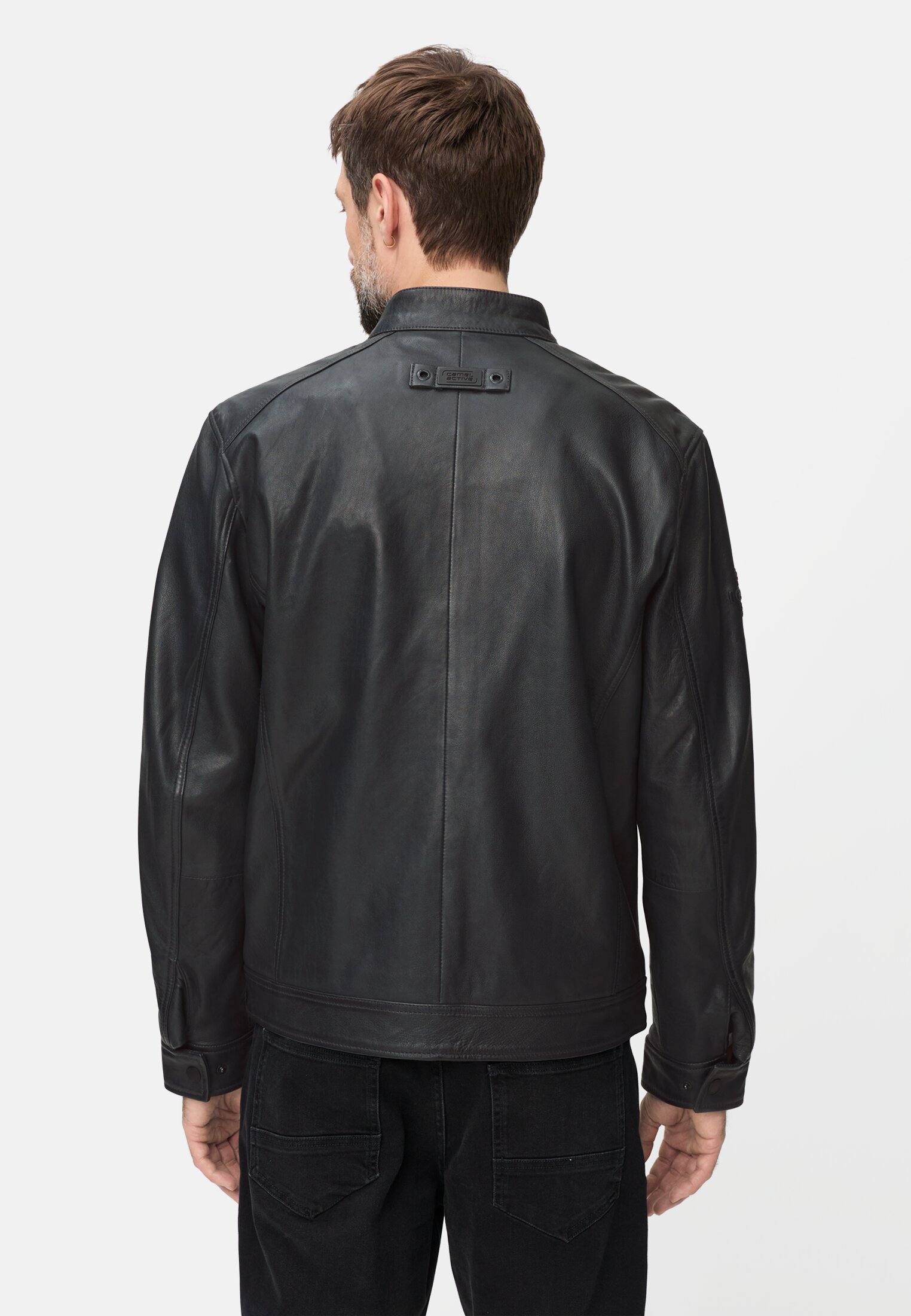 Herren Biker Lederjacke mit Innentaschen Nachtblau getragen hinten