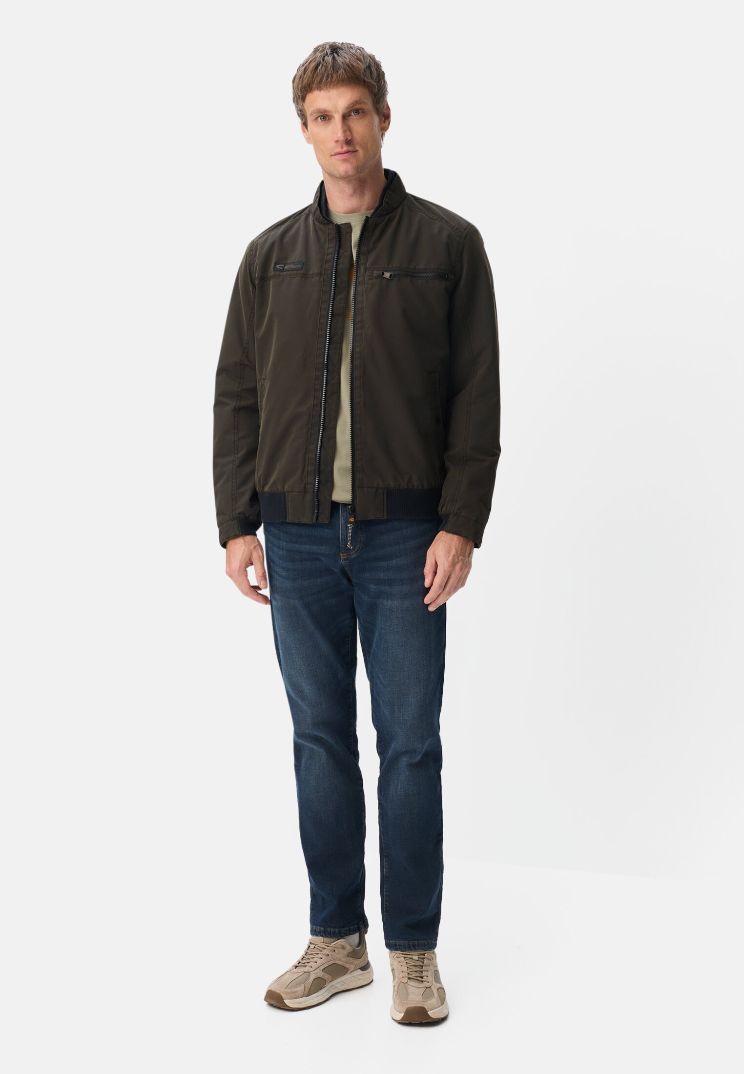 Men Light bomber jacket with knitted hem Brown worn front full body