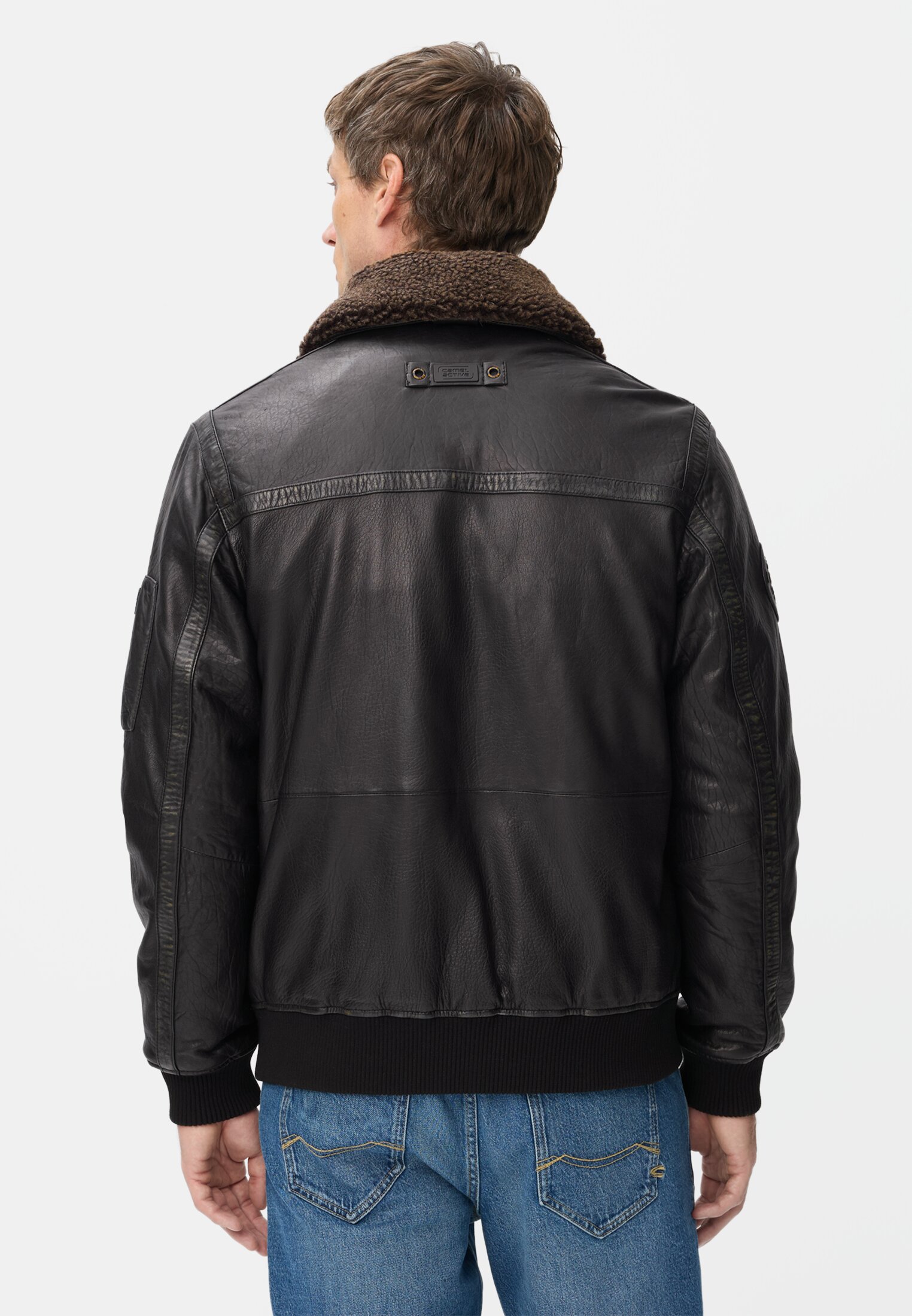 Herren Pilotenjacke im Wash Look mit abnehmbaren Teddykragen Asphalt getragen hinten
