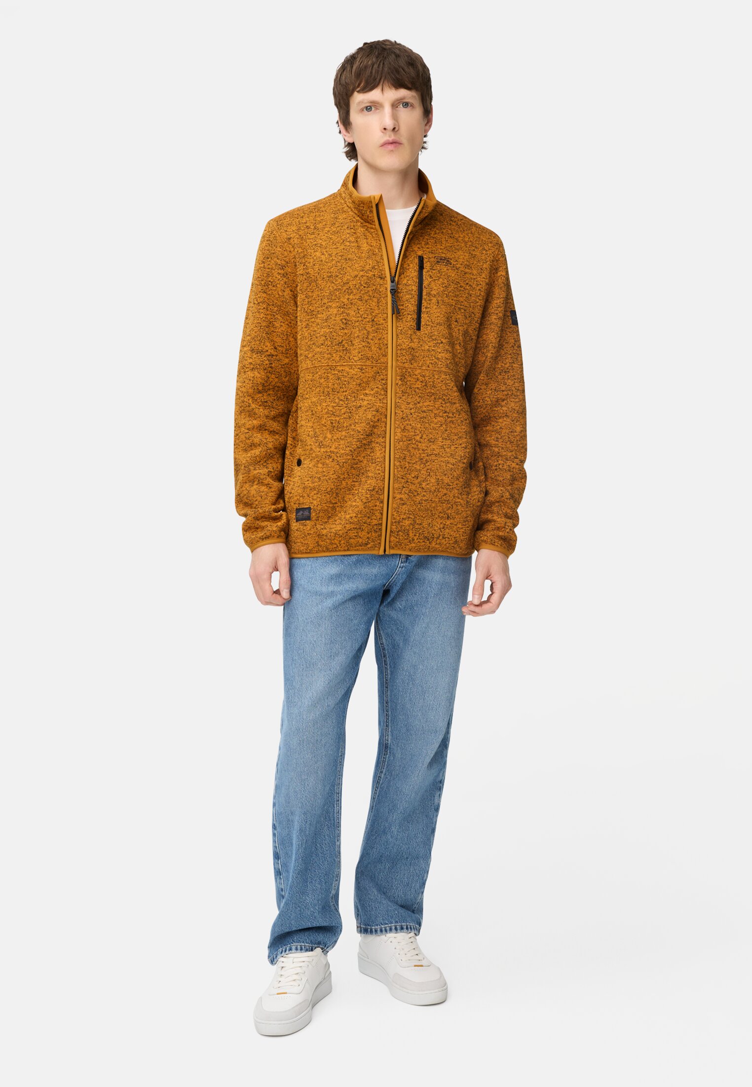 Men Cardigan with stand-up collar Yellow worn front full body