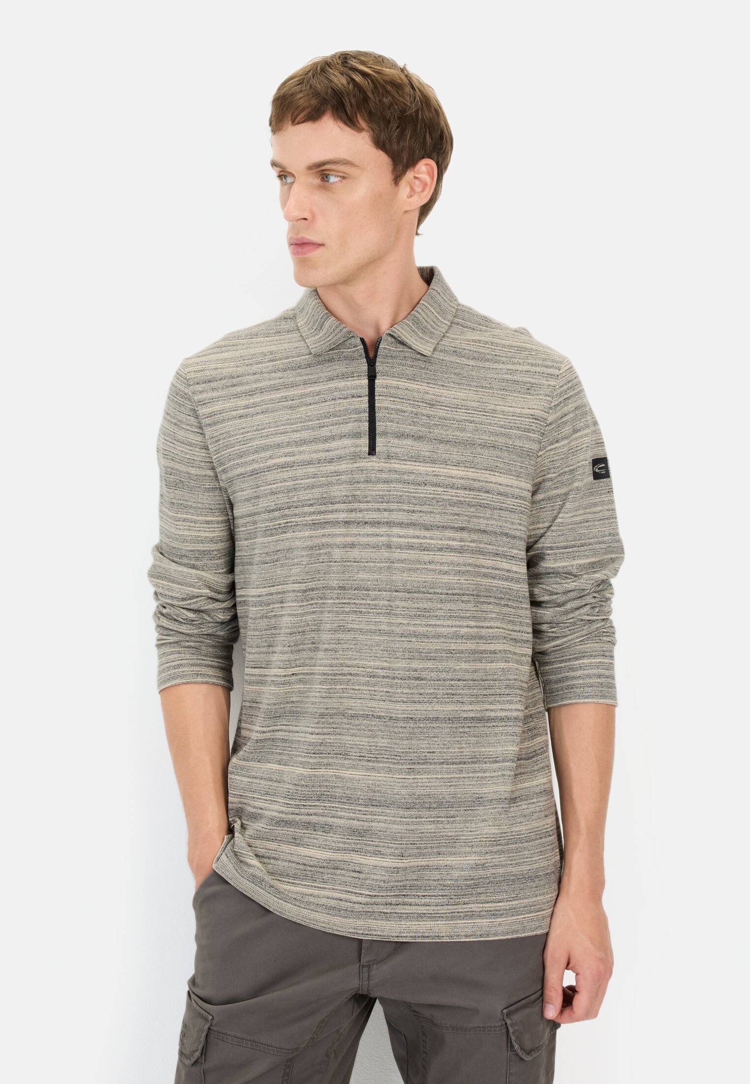 Men Long-sleeved polo shirt with cooling effect Creme worn front