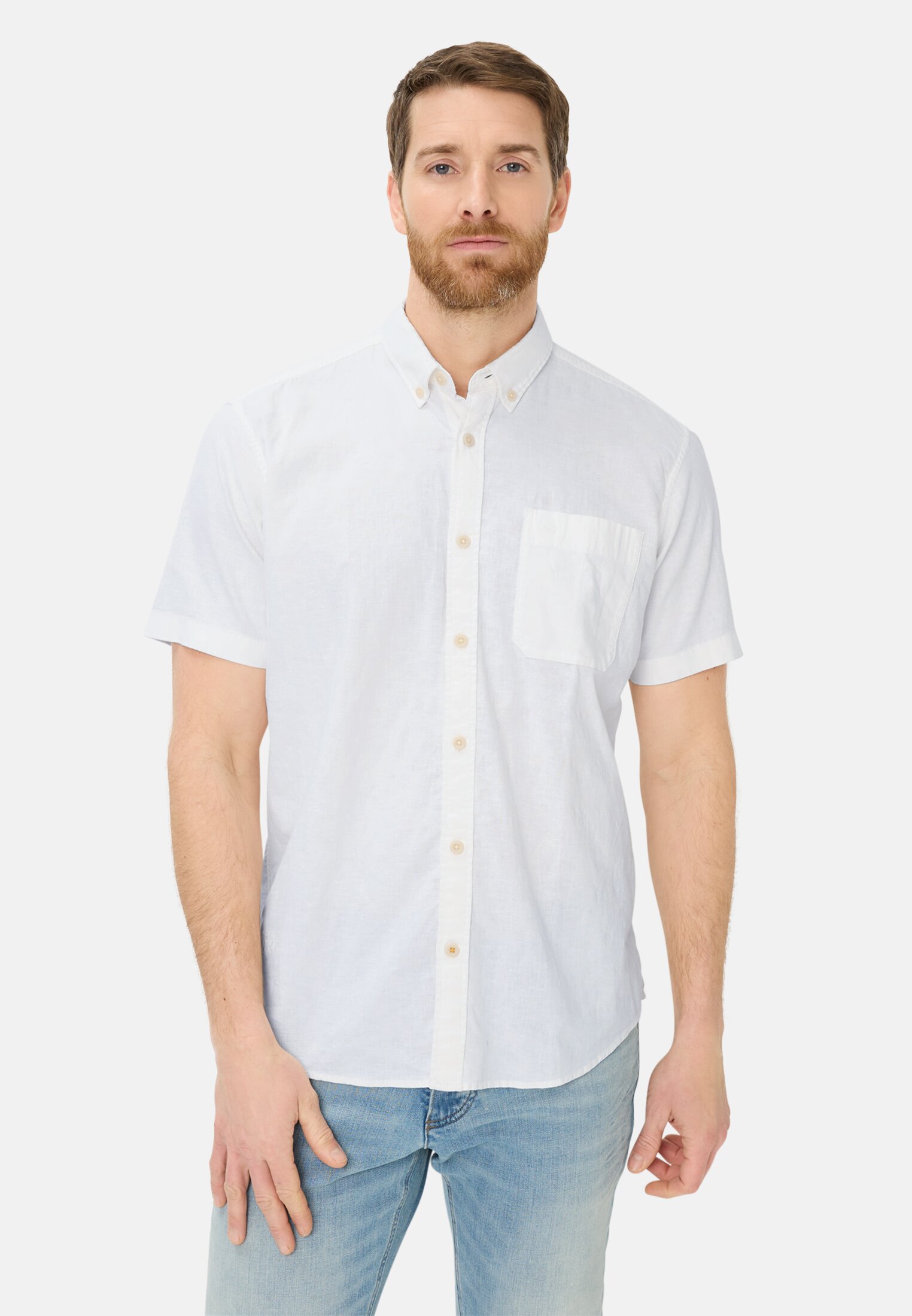 Heren Korte mouwen shirt van linnenmix Wit gedragen voor