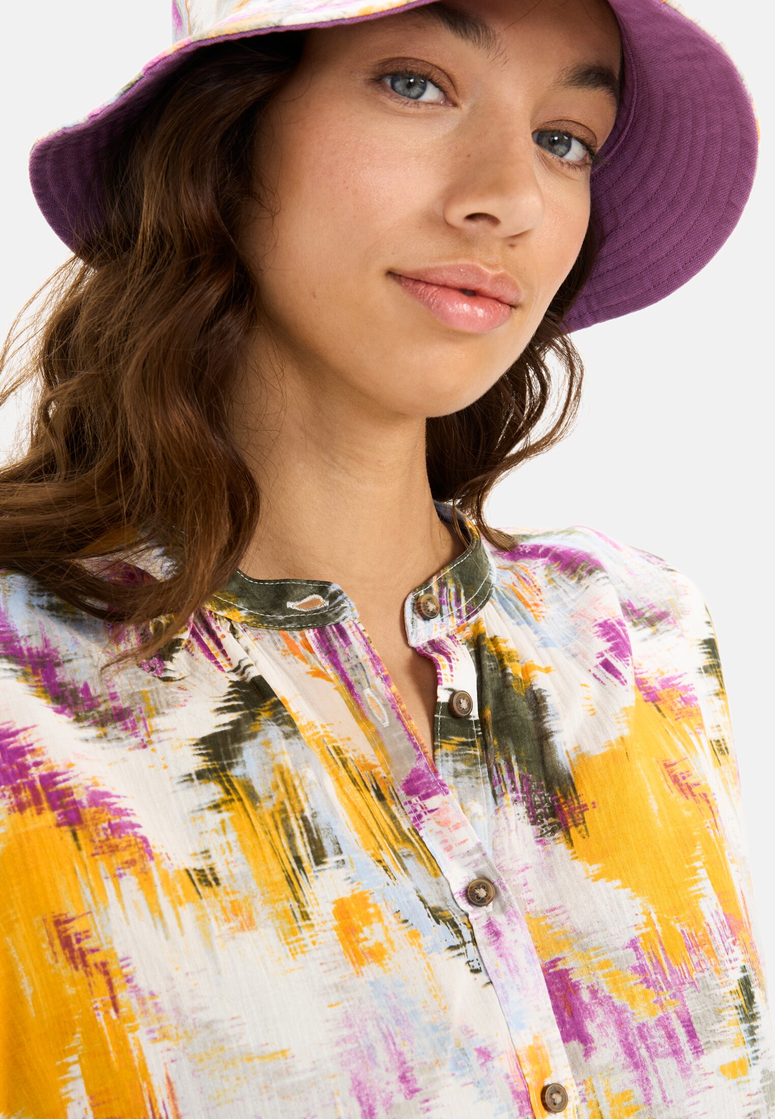 Women Blouse with all-over print AOP worn detail close