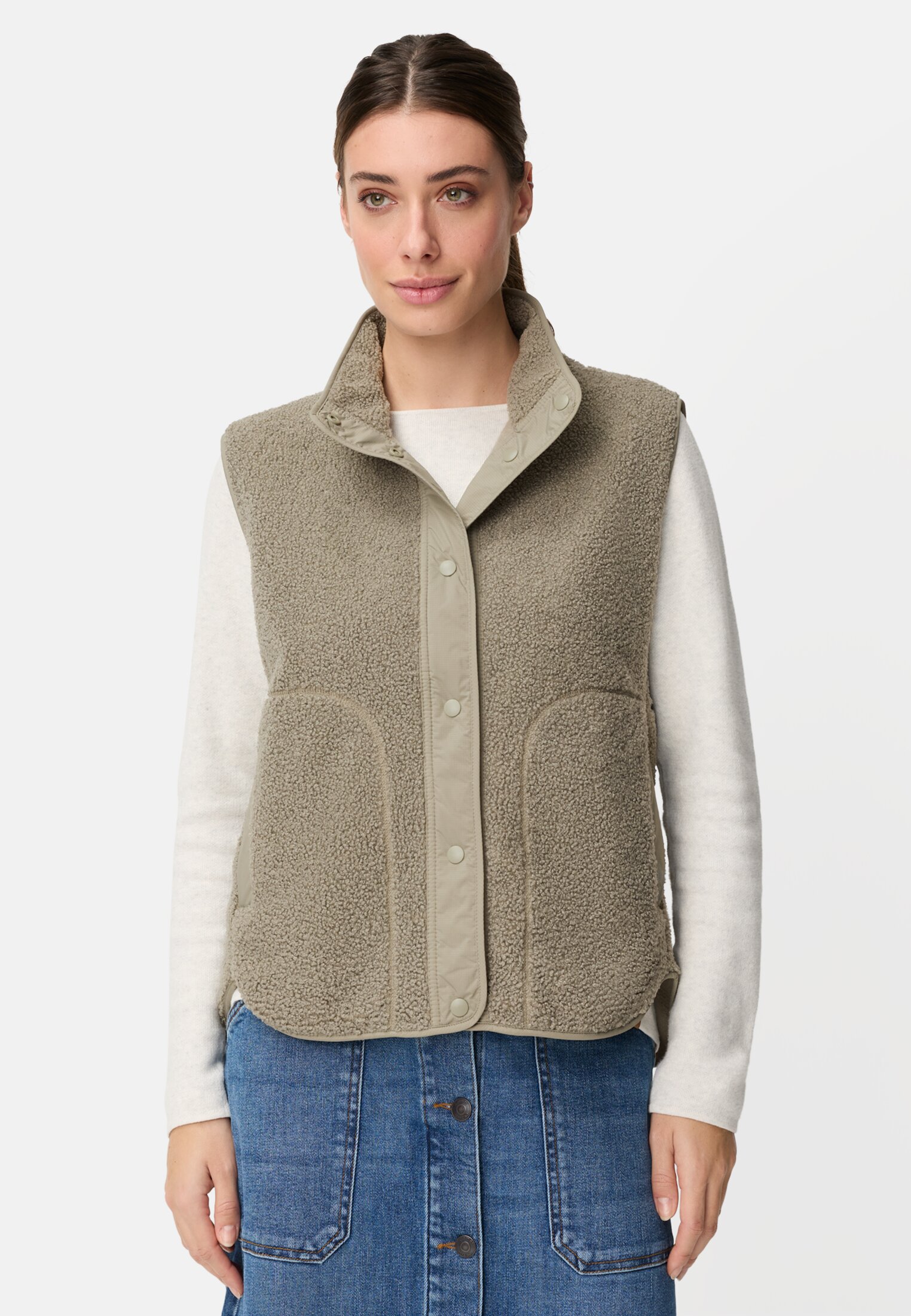 Vrouwen Teddyvest met opstaande kraag Salie gedragen voor