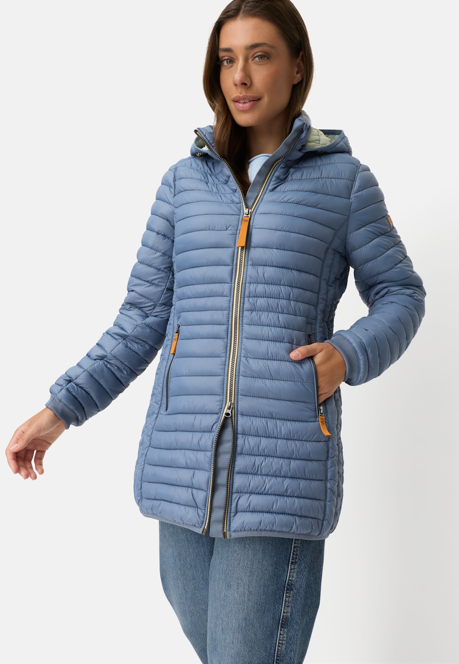 Women Water-repellent quilted jacket with zip pockets Smoky blue worn emotional