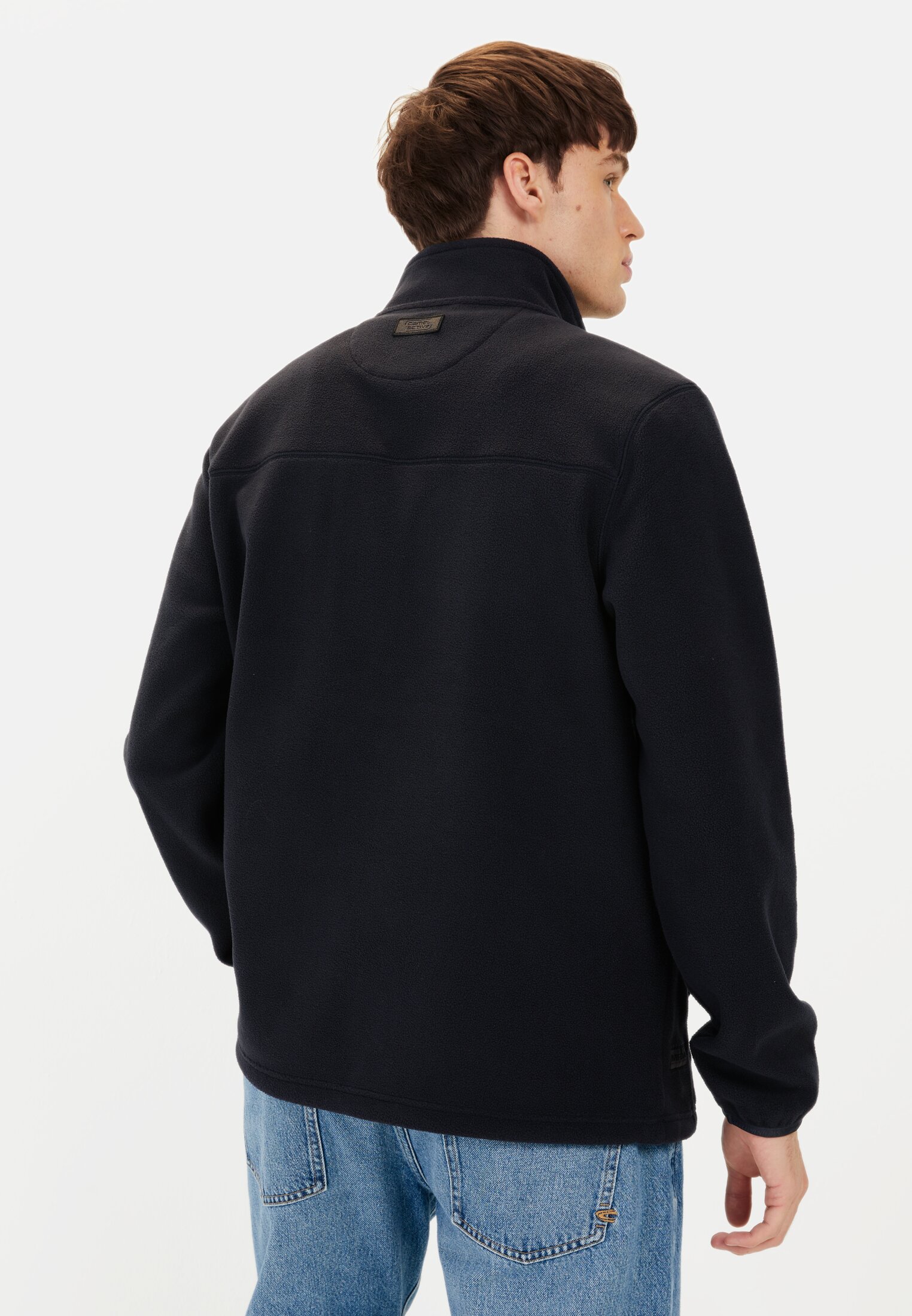 Men Fleece jacket with stand-up collar Dark Blue worn back