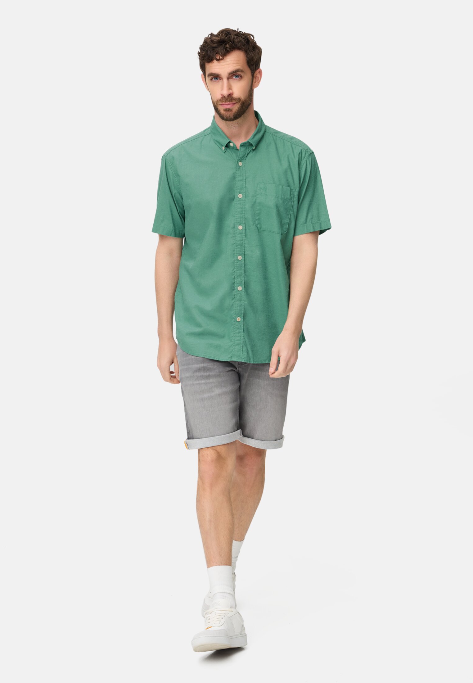 Heren Korte mouwen shirt van linnenmix Lagunengroen gedragen voor lichaam compleet