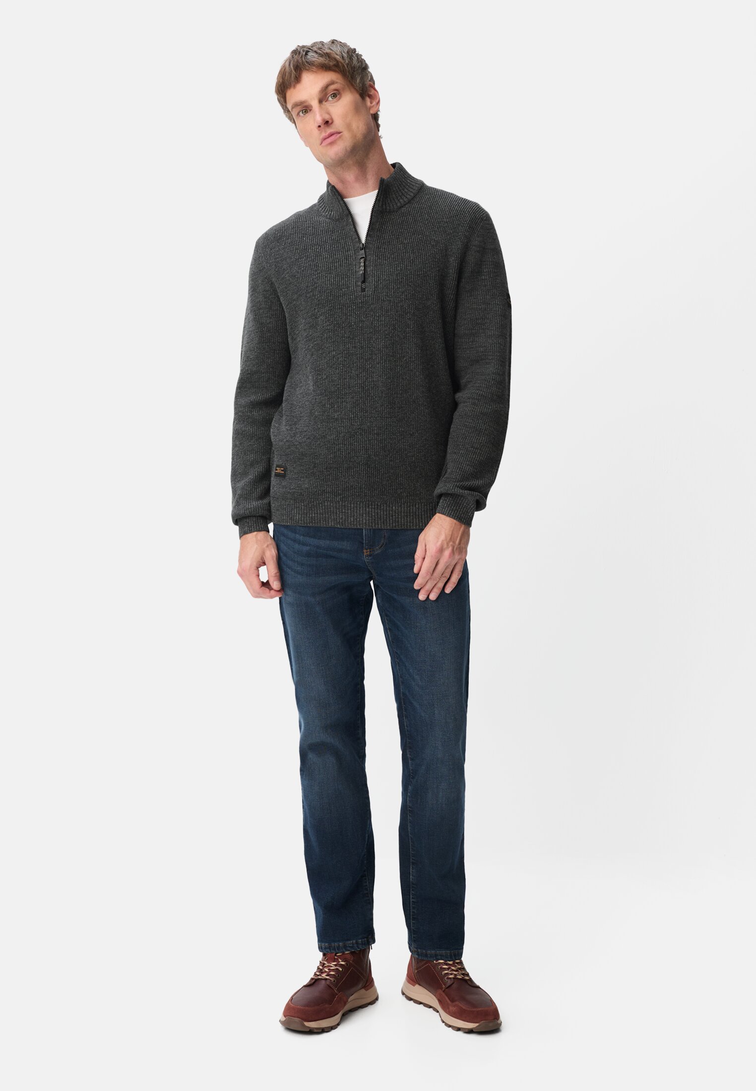 Men Knitted troyer in marled look Graphite Grey worn front full body