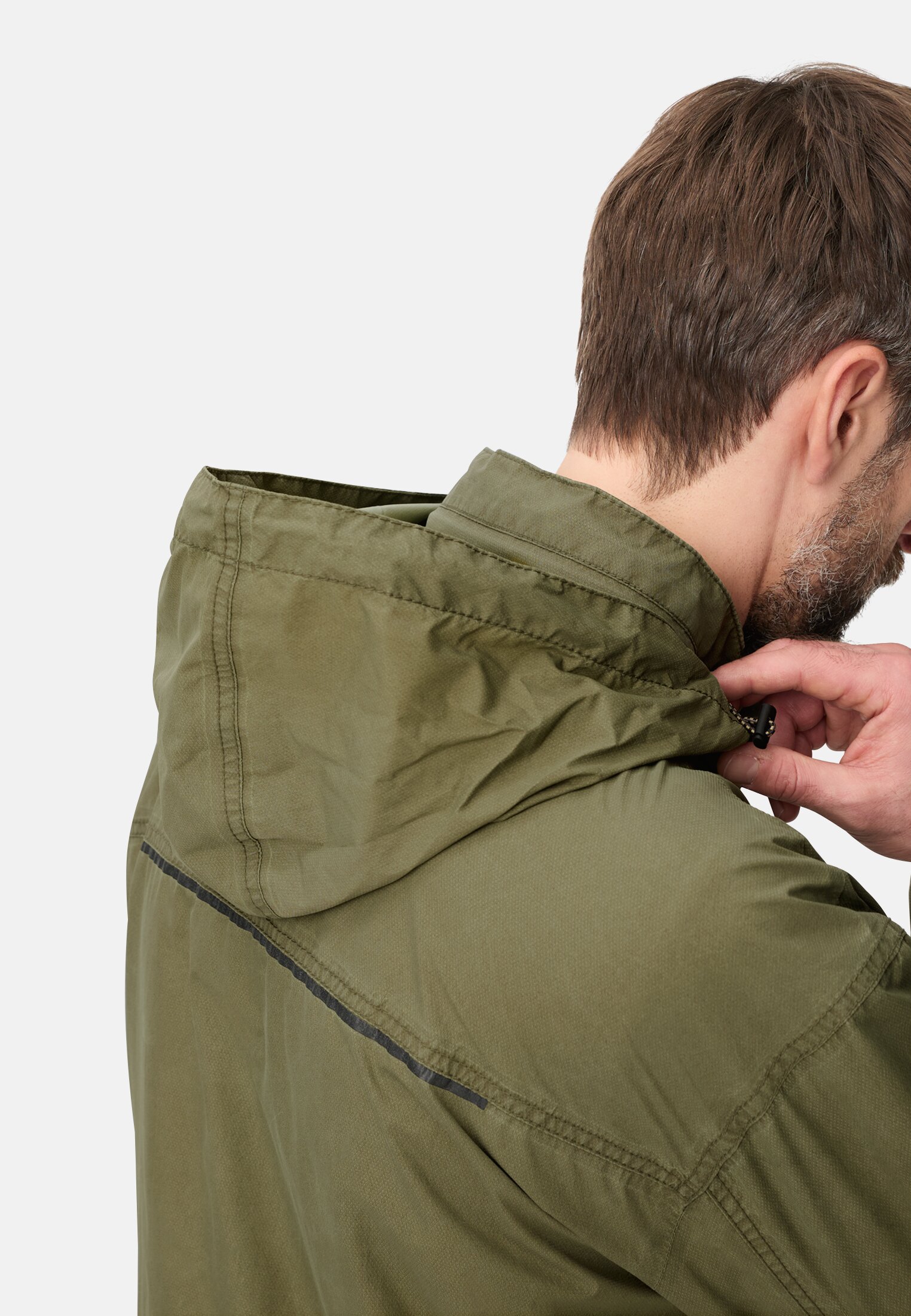 Men teXXXactive® jacket with roll-up hood Olive Green worn detail close