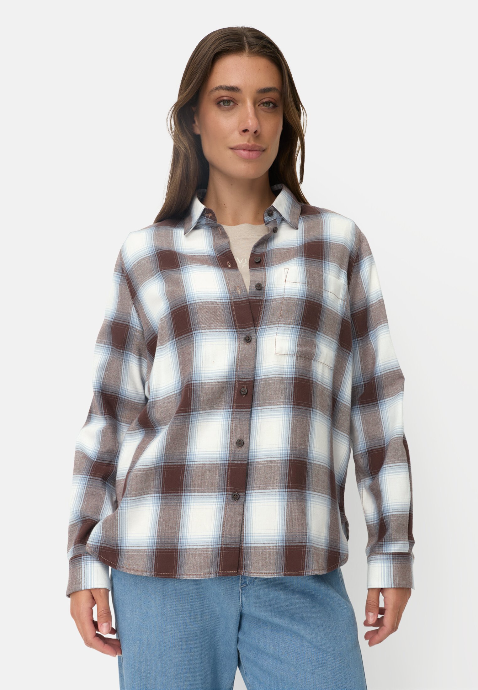 Damen Bluse mit Brusttasche Braun getragen vorn