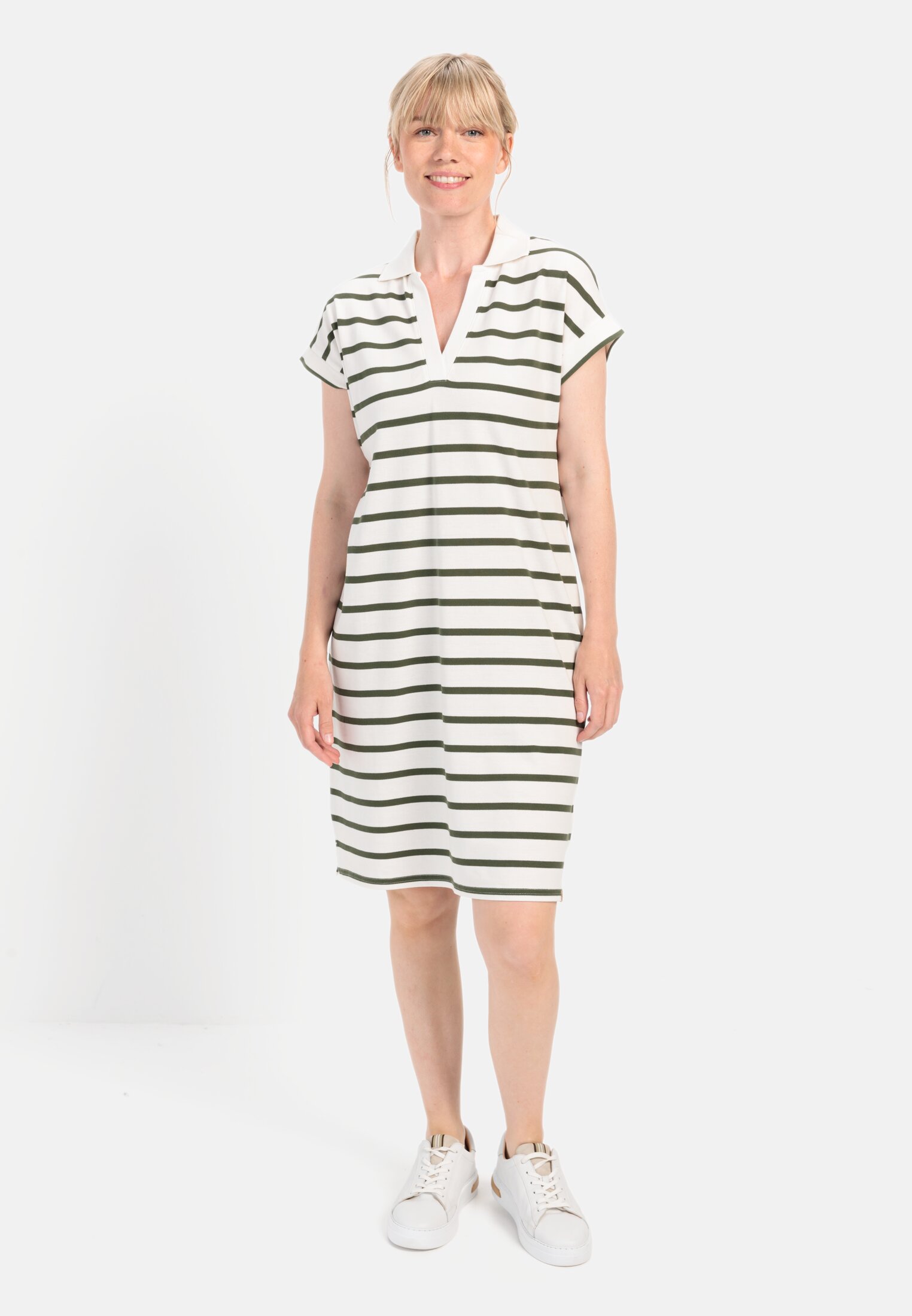 Women Piqué polo dress made from certified organic cotton Olive-White worn front
