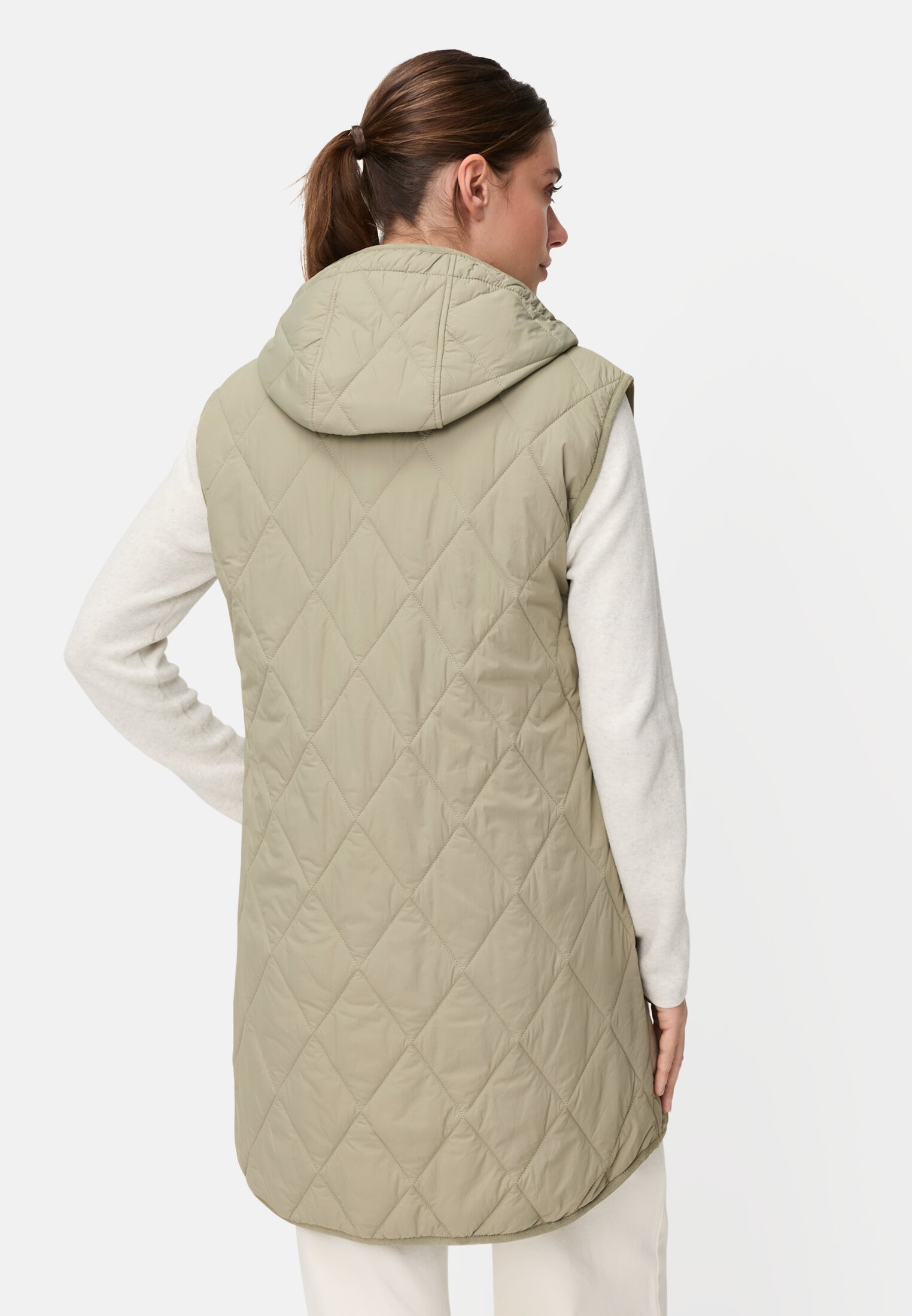 Damen Lange Weste mit Kapuze Salbei getragen hinten