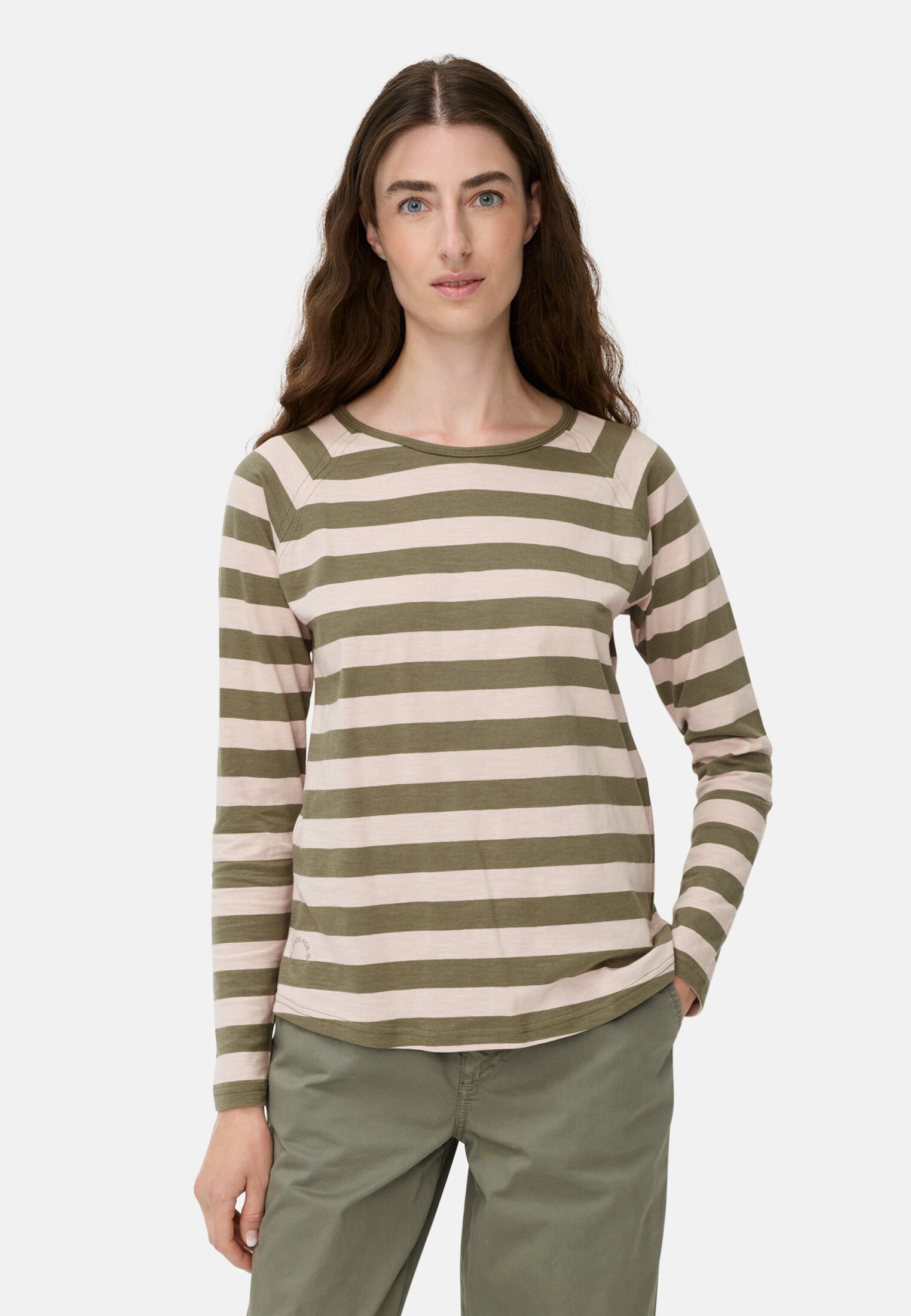 Women Striped long sleeve shirt with raglan sleeves Lilac pink worn front