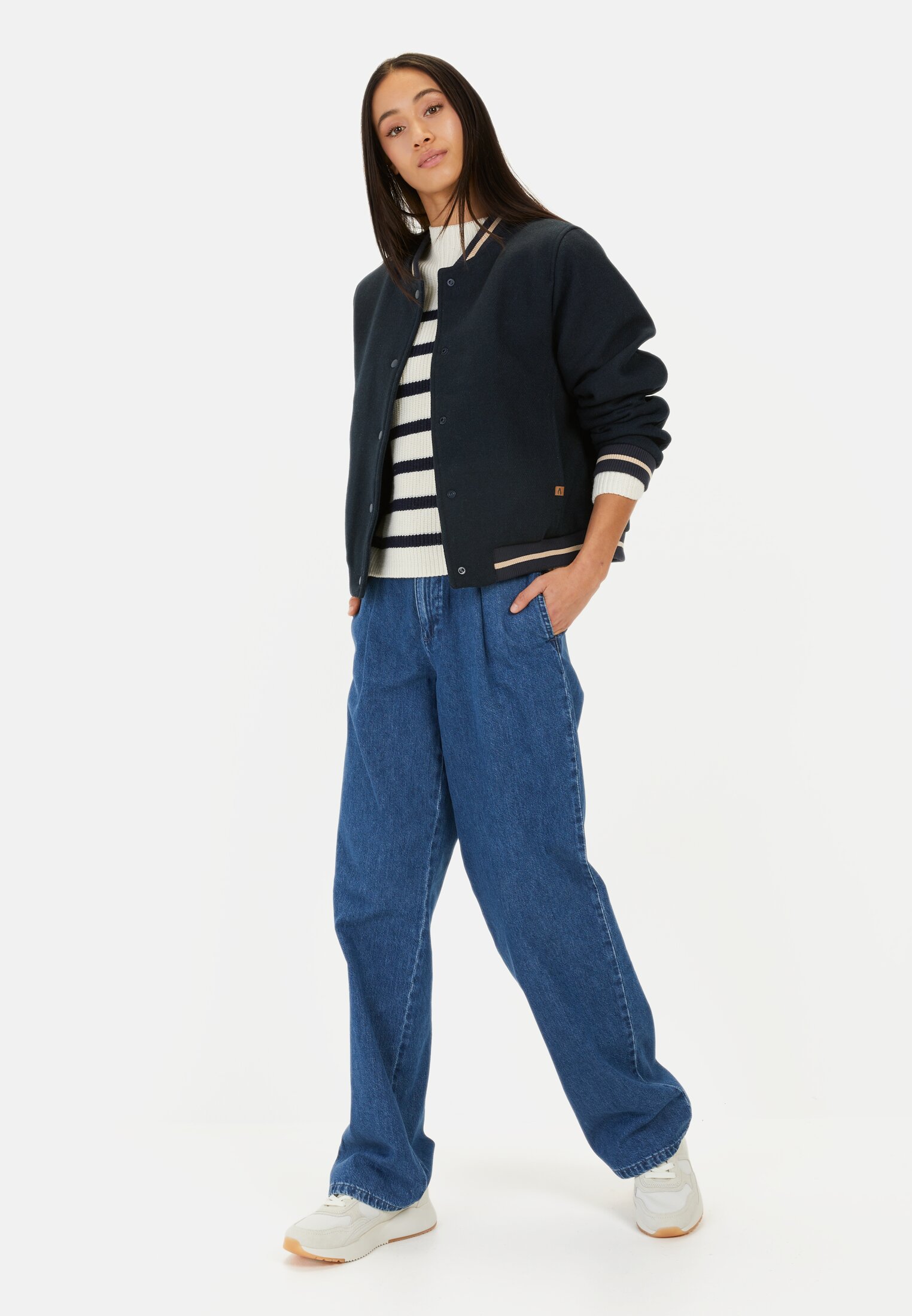 Women College jacket made from a wool blend Night Blue worn front full body