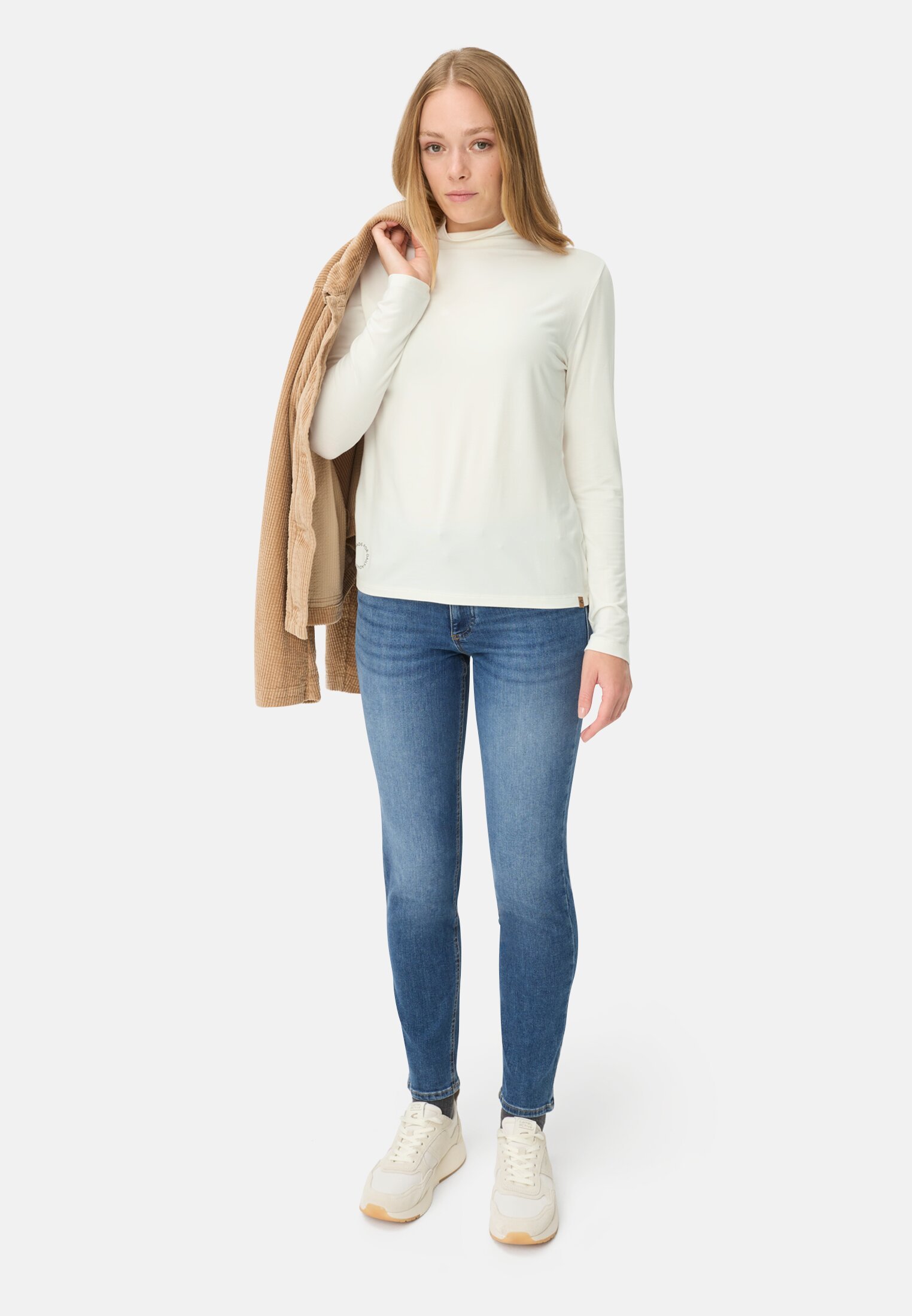 Women Long-sleeved shirt with stand-up collar Milk white worn front full body