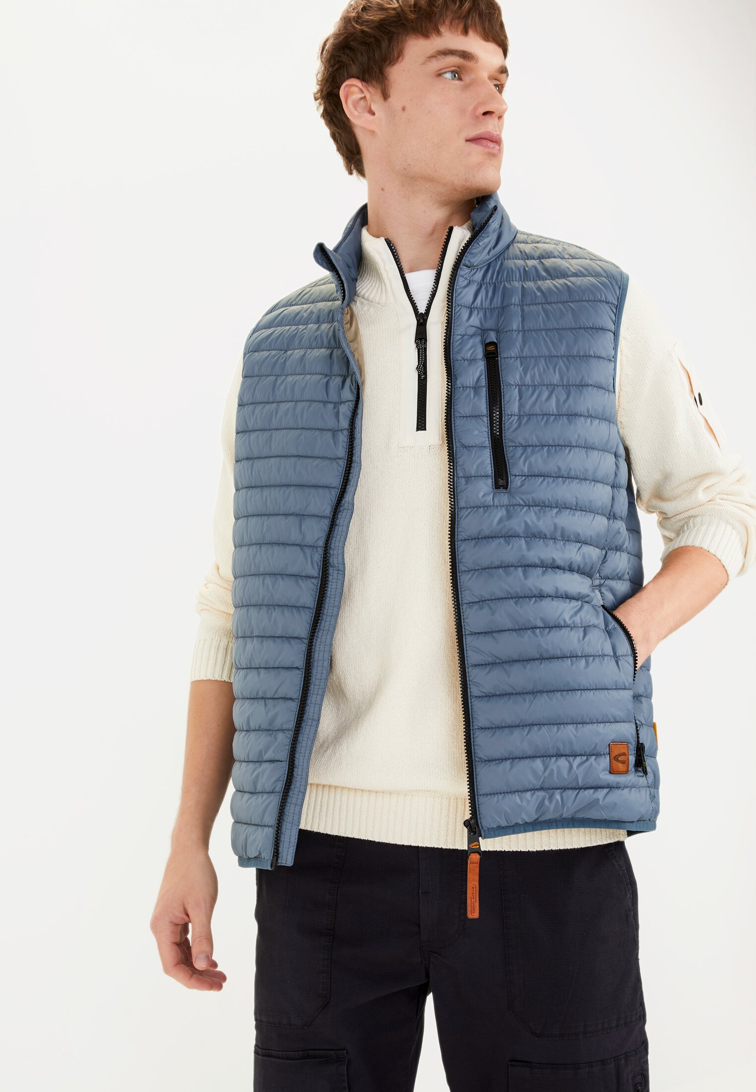 Men Quilted vest with stand-up collar Elemental Blue worn emotional