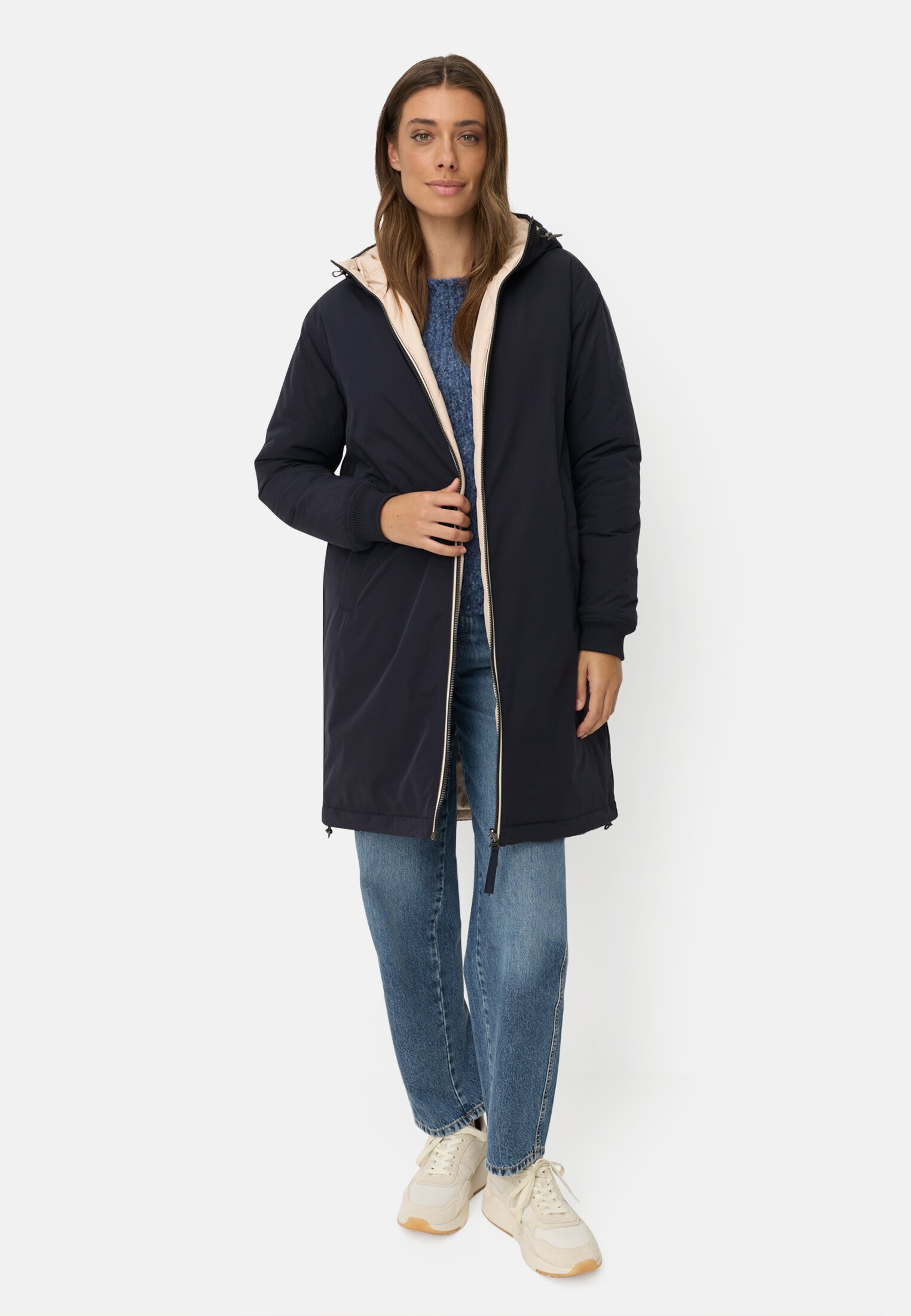Vrouwen Wendbare mantel met 2-wegsrits Marineblauw gedragen voor