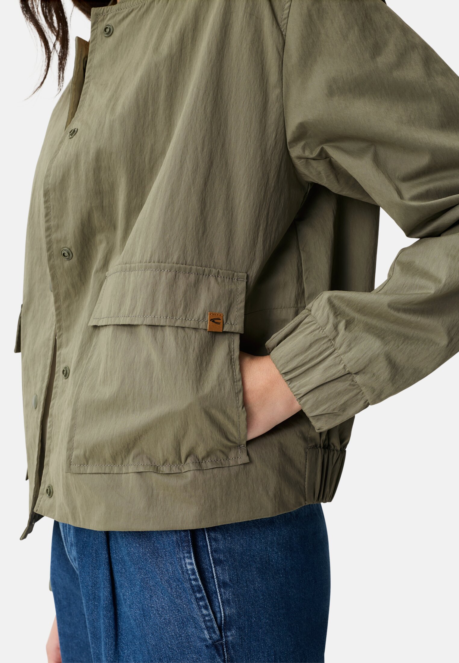 Women Indoor jacket with bomber collar Dark Green worn detail close