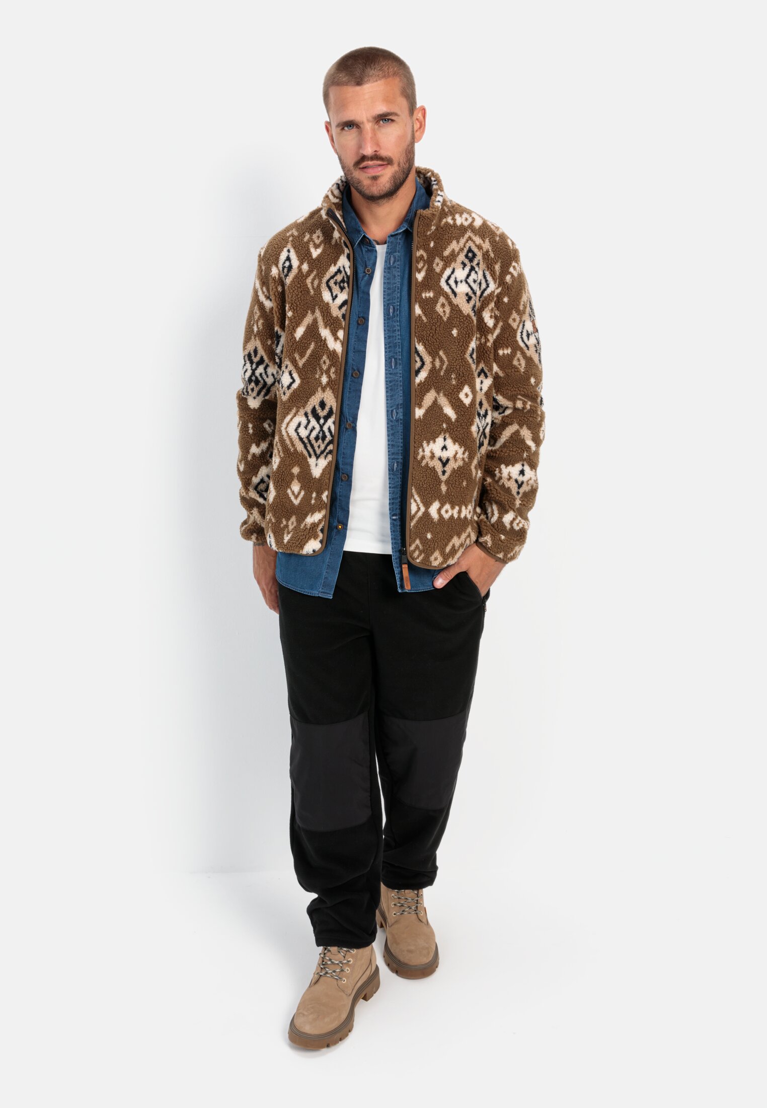 Men Fleece jacket with stand-up collar Brown worn front full body