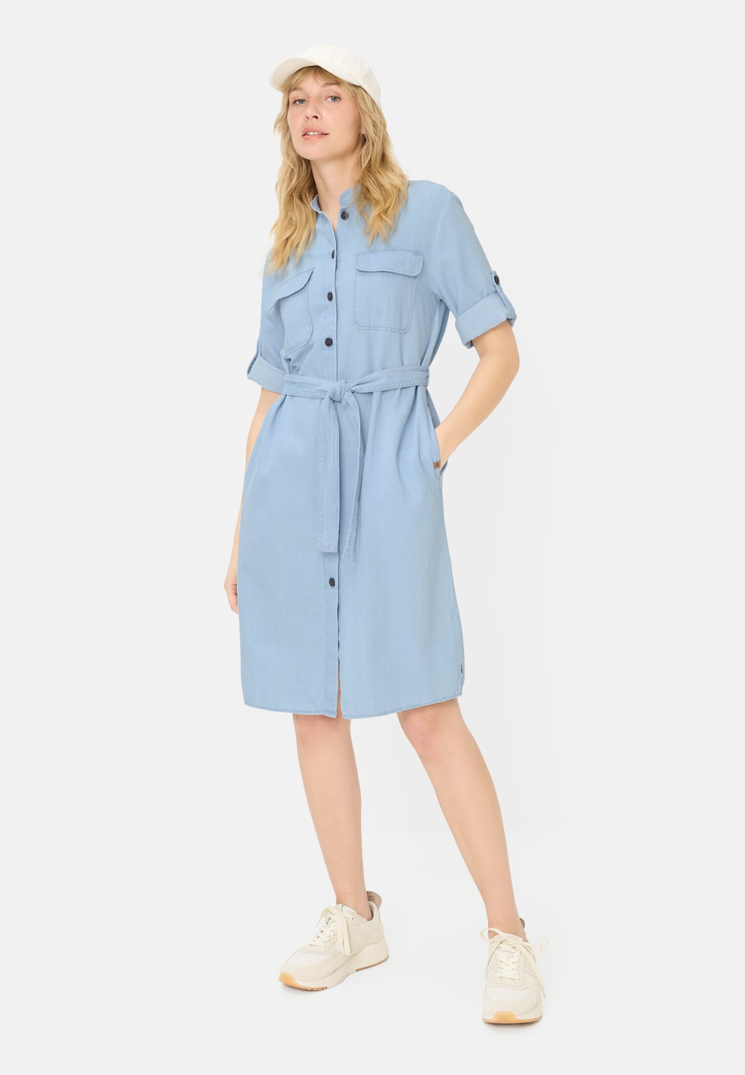 Women Summer dress with fabric tie belt Dark Blue worn front full body