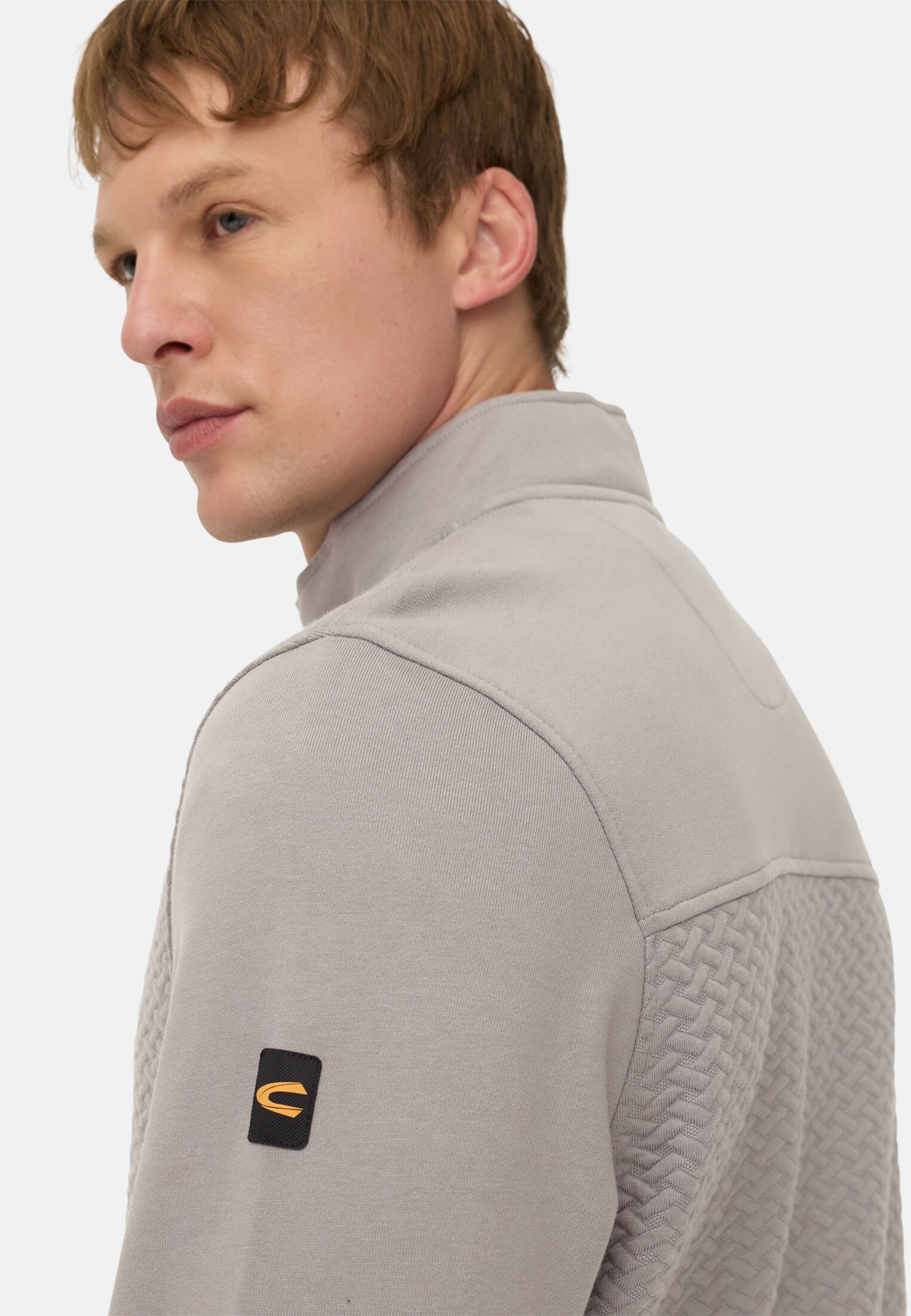 Heren Sweatjack met lichte opstaande kraag Grijs gedragen detail dichtbij