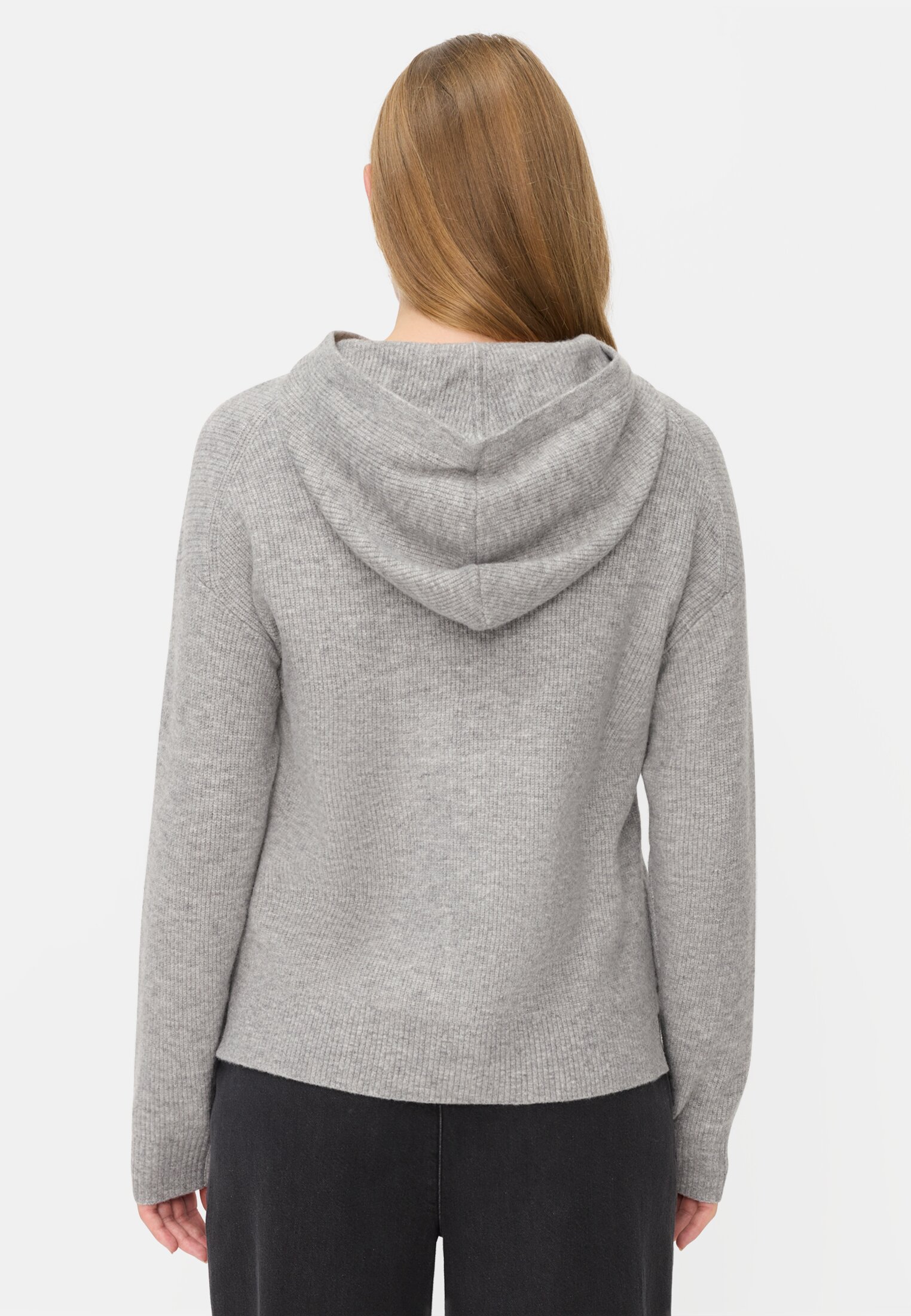 Women Knitted sweater with hood Gray worn back