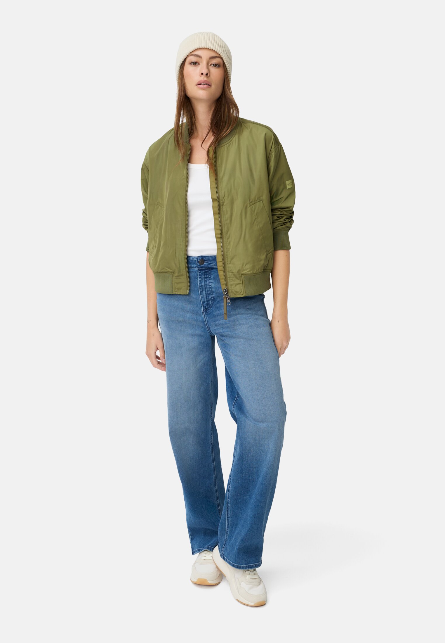 Women Bomber jacket with 2-way zipper Olive worn front full body
